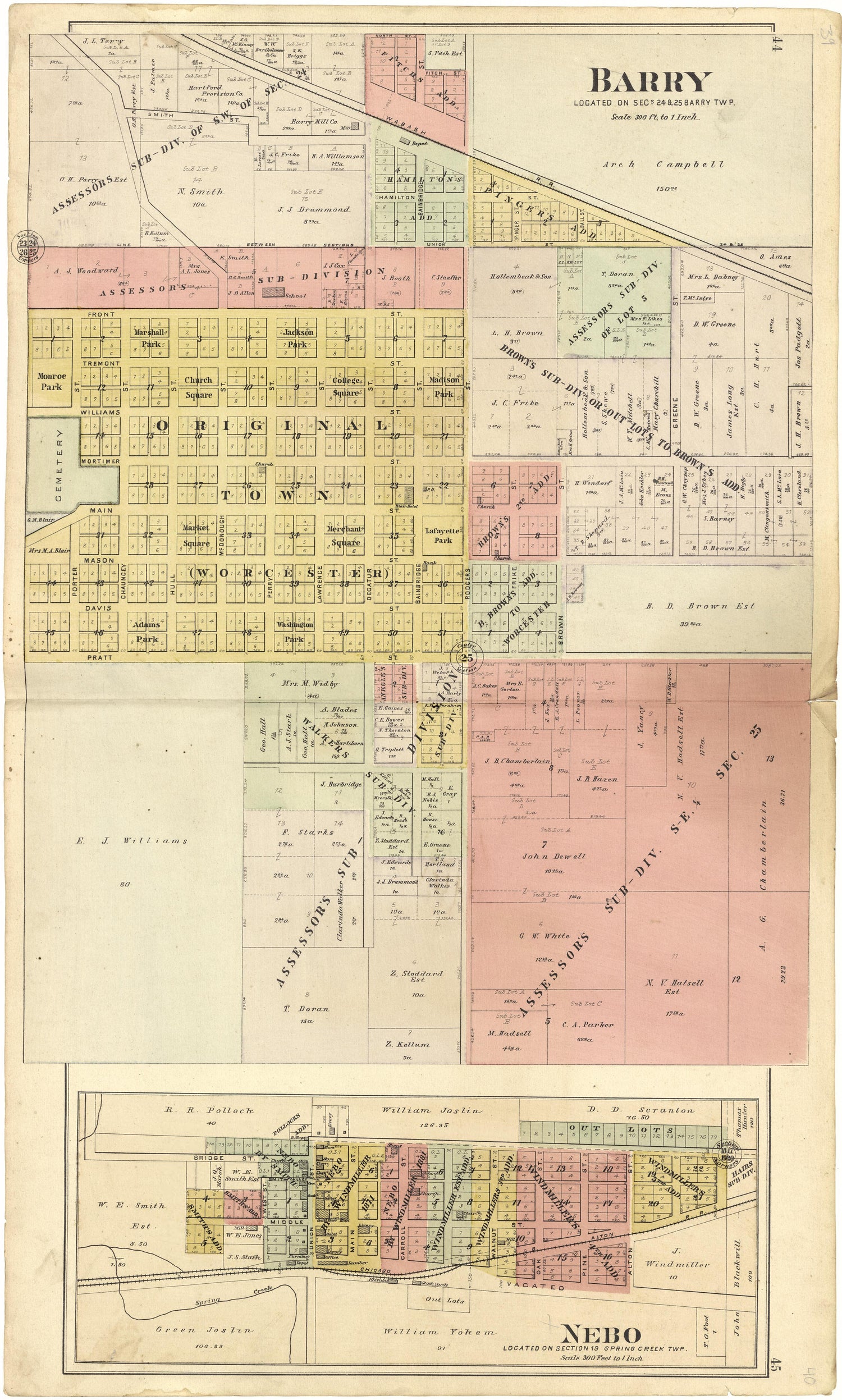 Barry; Nebo from Plat Book of Pike County, Illinois 1895 by Relic Map Company