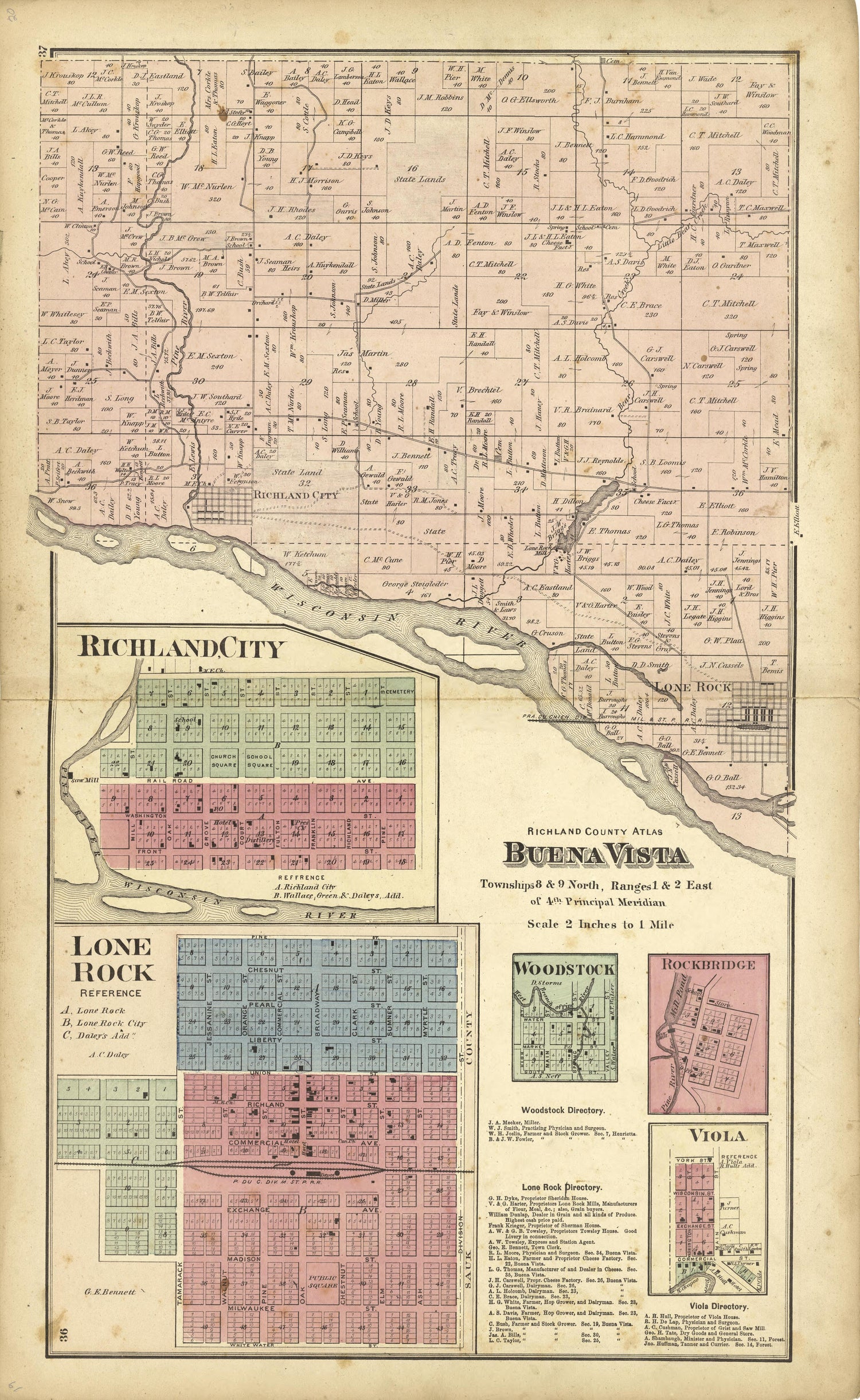 Maps Of: Buena Vista, Richland City, and Lone Rock from Atlas of Richland County, Wisconsin : Drawn from Actual Surveys and the County Records to Which Is Added a Rail Road &amp; Sectional Map of the State of Wisconsin 1874 by Relic Map Company