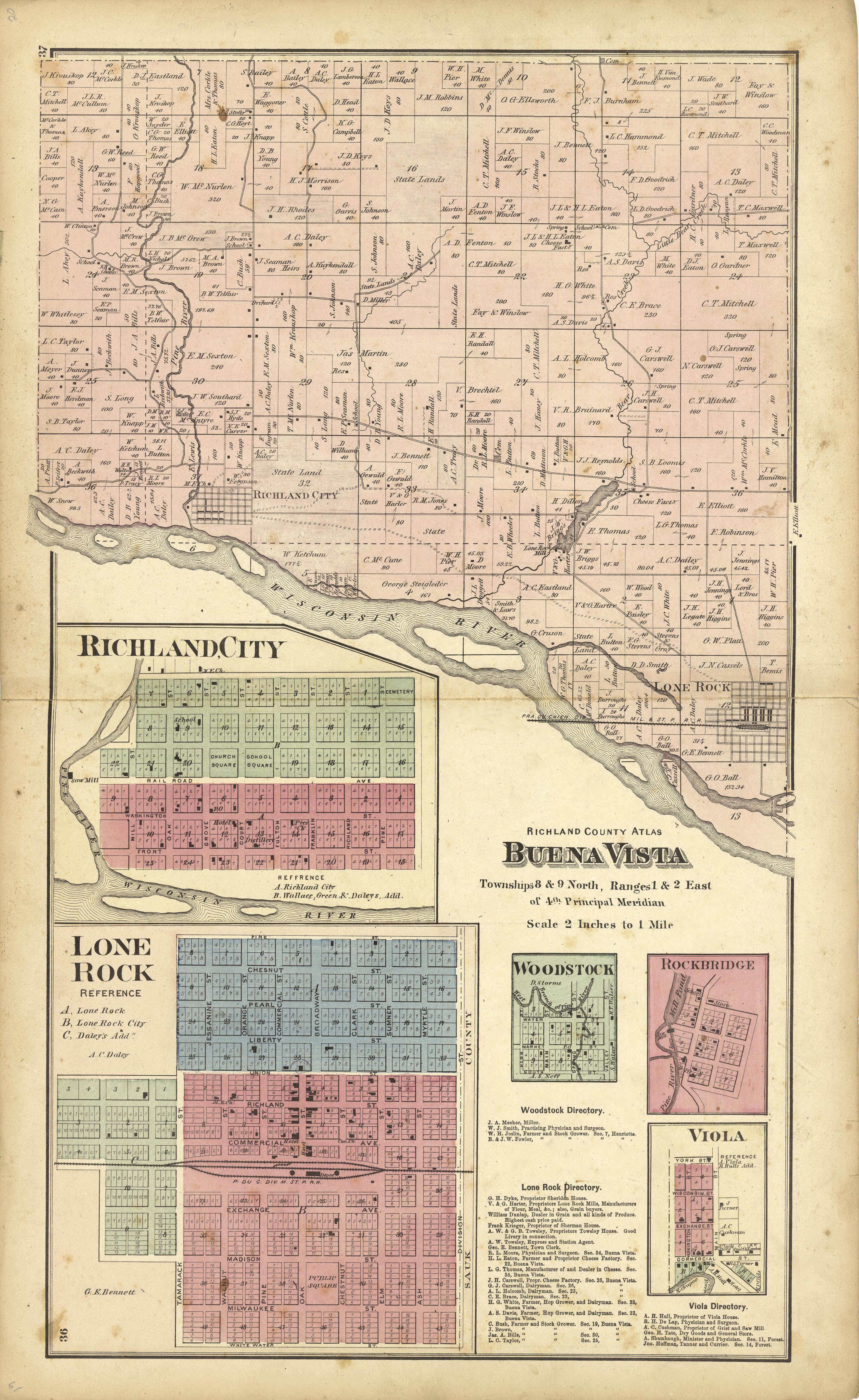 Maps Of: Buena Vista, Richland City, and Lone Rock from Atlas of Richland County, Wisconsin : Drawn from Actual Surveys and the County Records to Which Is Added a Rail Road &amp; Sectional Map of the State of Wisconsin 1874 by Relic Map Company