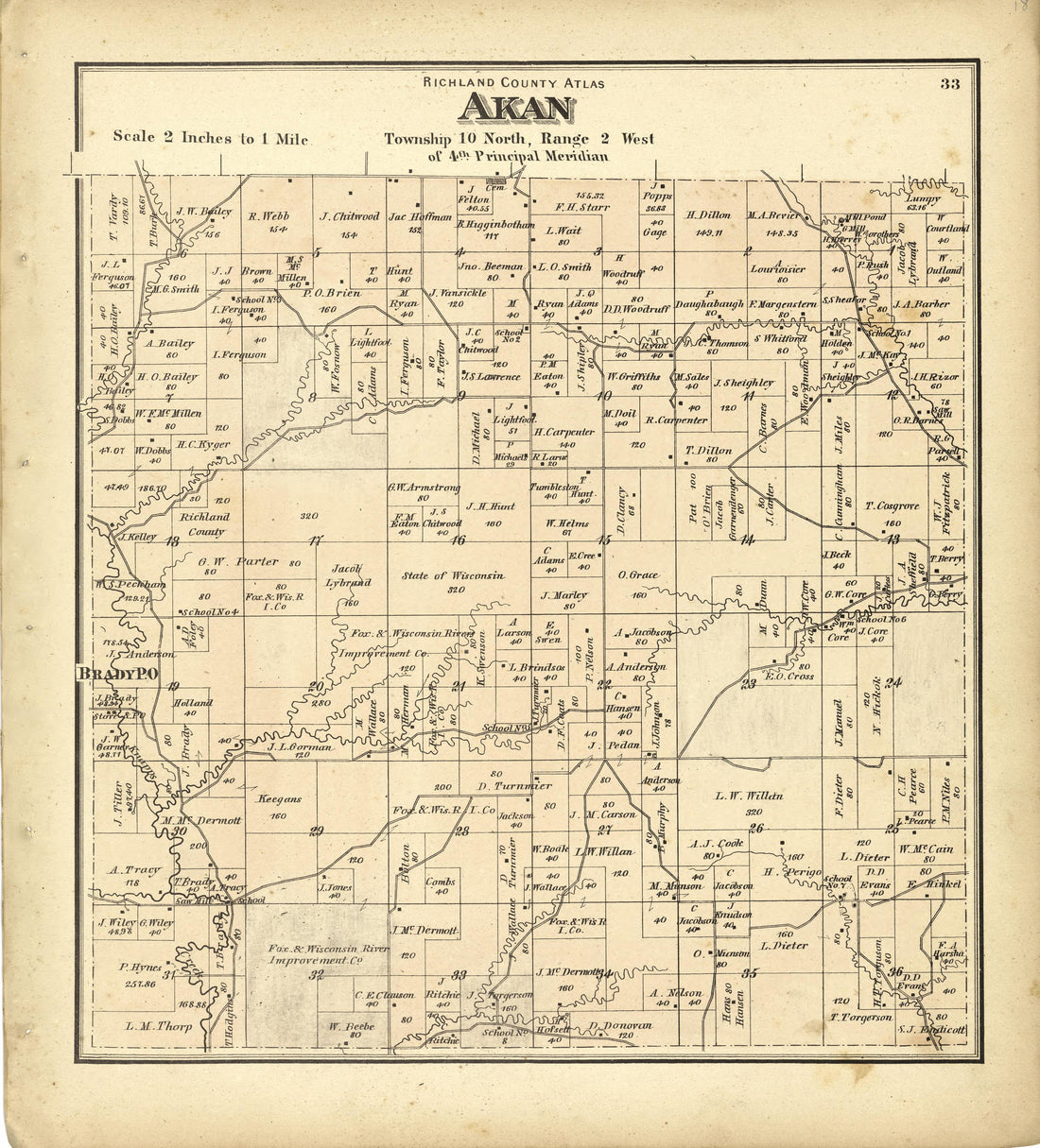 Map of Akan from Atlas of Richland County, Wisconsin : Drawn from Actual Surveys and the County Records to Which Is Added a Rail Road &amp; Sectional Map of the State of Wisconsin 1874 by Relic Map Company