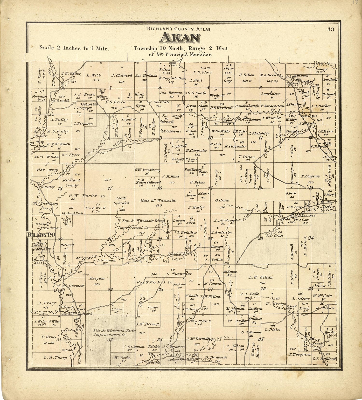 Map of Akan from Atlas of Richland County, Wisconsin : Drawn from Actual Surveys and the County Records to Which Is Added a Rail Road &amp; Sectional Map of the State of Wisconsin 1874 by Relic Map Company