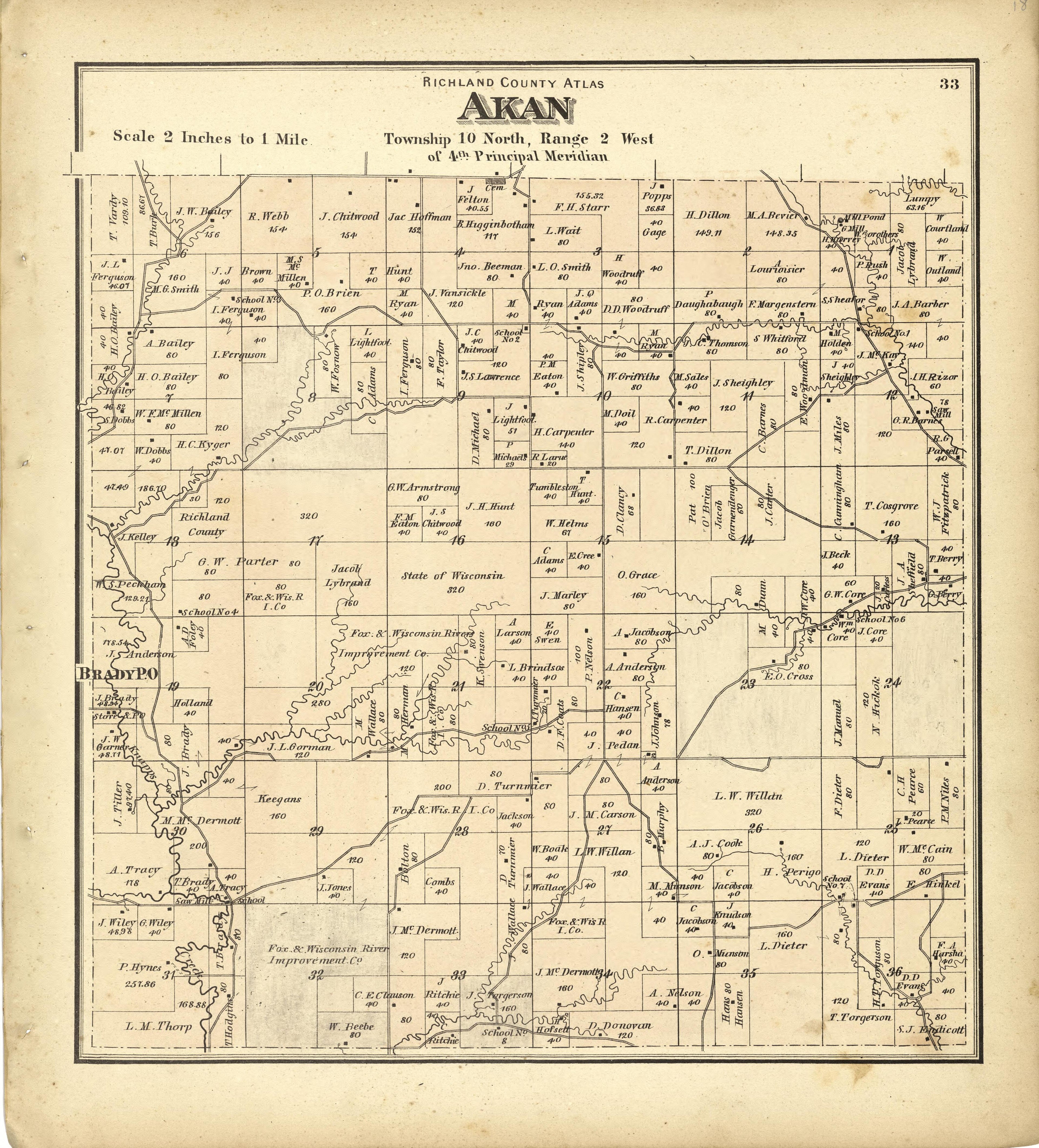 Map of Akan from Atlas of Richland County, Wisconsin : Drawn from Actual Surveys and the County Records to Which Is Added a Rail Road &amp; Sectional Map of the State of Wisconsin 1874 by Relic Map Company