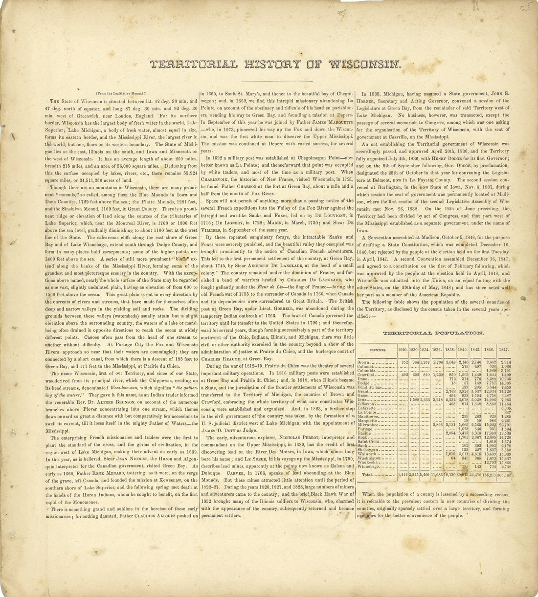 Territorial History of Wisconsin from Atlas of Richland County, Wisconsin : Drawn from Actual Surveys and the County Records to Which Is Added a Rail Road &amp; Sectional Map of the State of Wisconsin 1874 by Relic Map Company