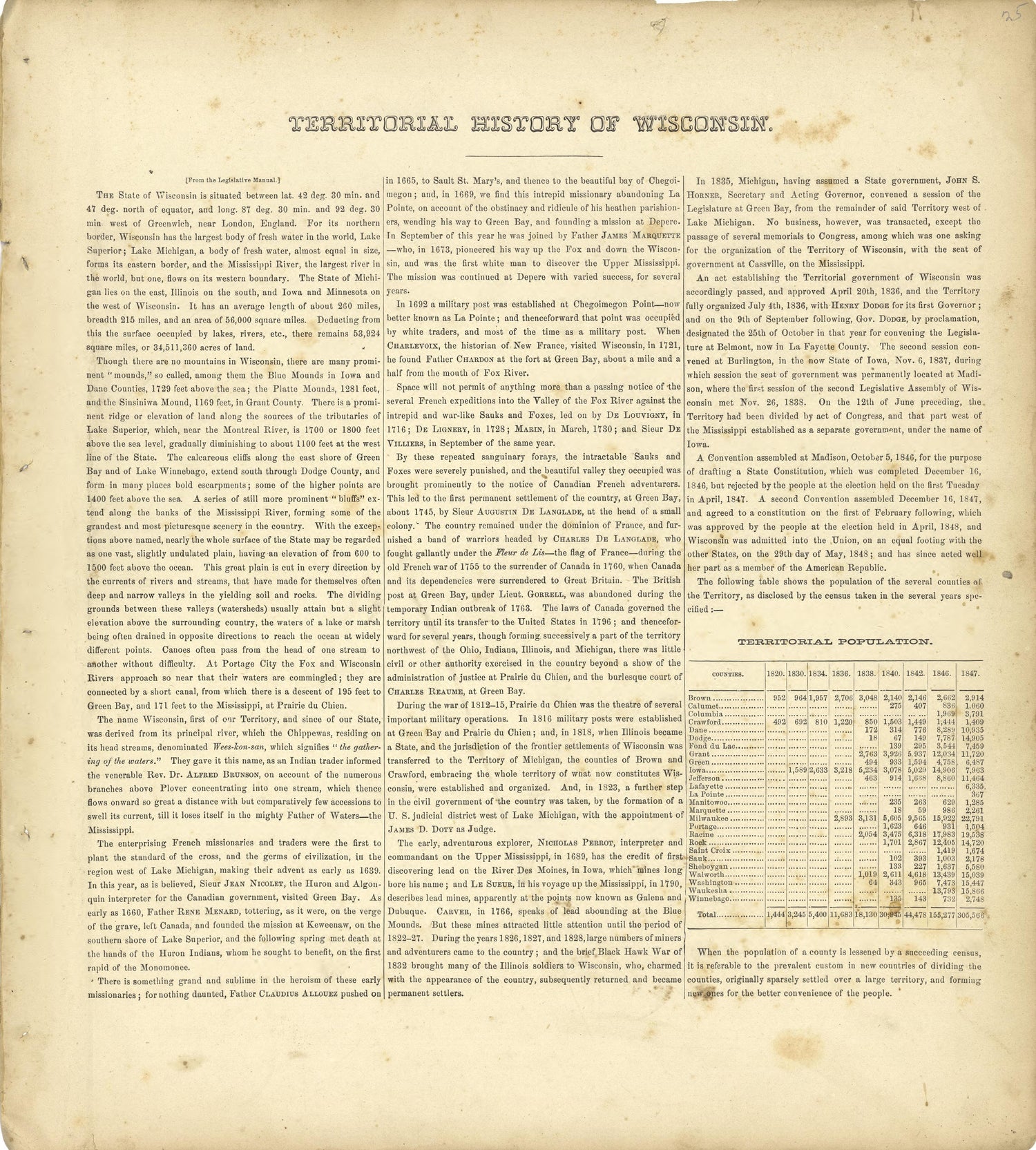 Territorial History of Wisconsin from Atlas of Richland County, Wisconsin : Drawn from Actual Surveys and the County Records to Which Is Added a Rail Road &amp; Sectional Map of the State of Wisconsin 1874 by Relic Map Company