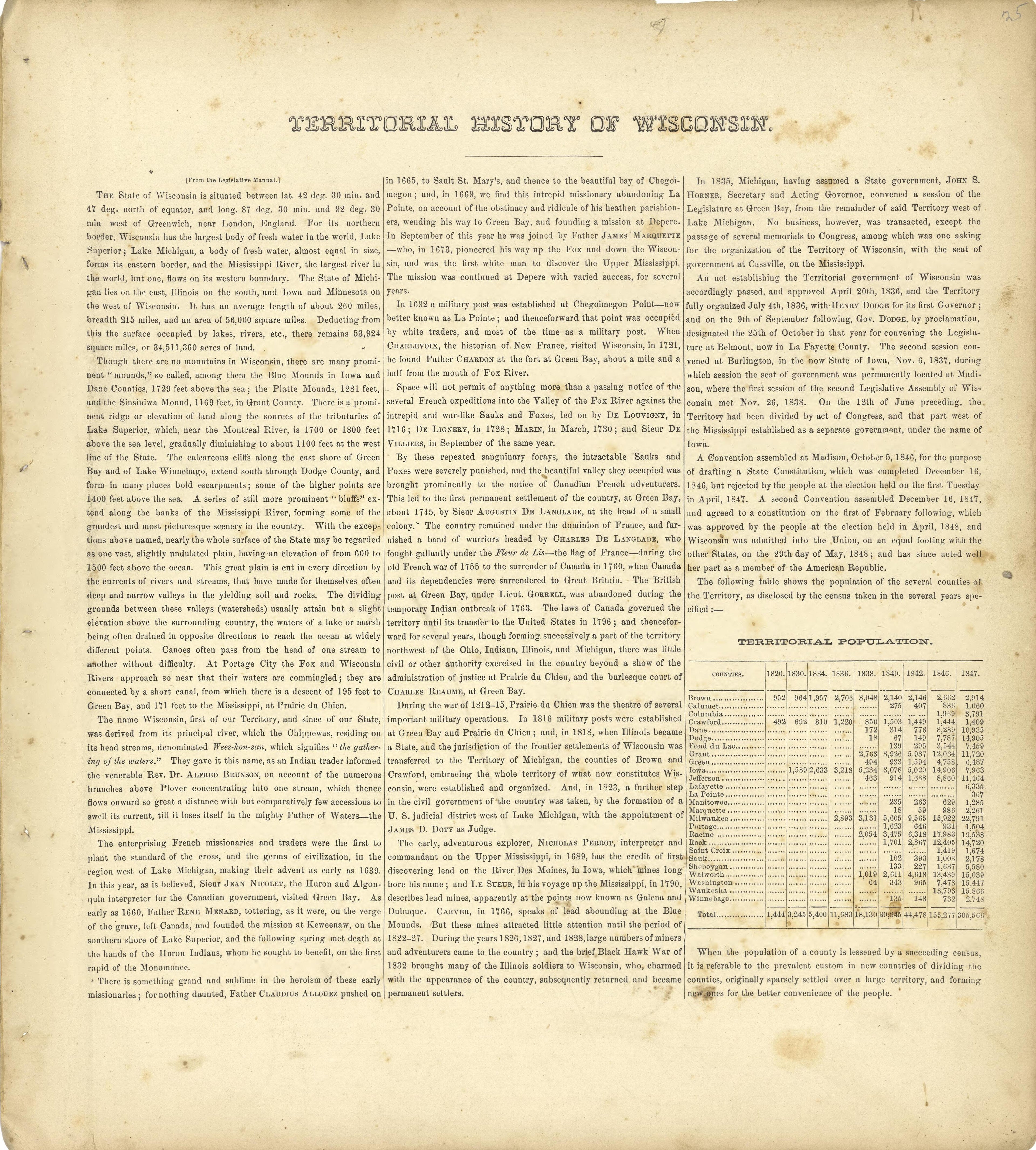 Territorial History of Wisconsin from Atlas of Richland County, Wisconsin : Drawn from Actual Surveys and the County Records to Which Is Added a Rail Road &amp; Sectional Map of the State of Wisconsin 1874 by Relic Map Company