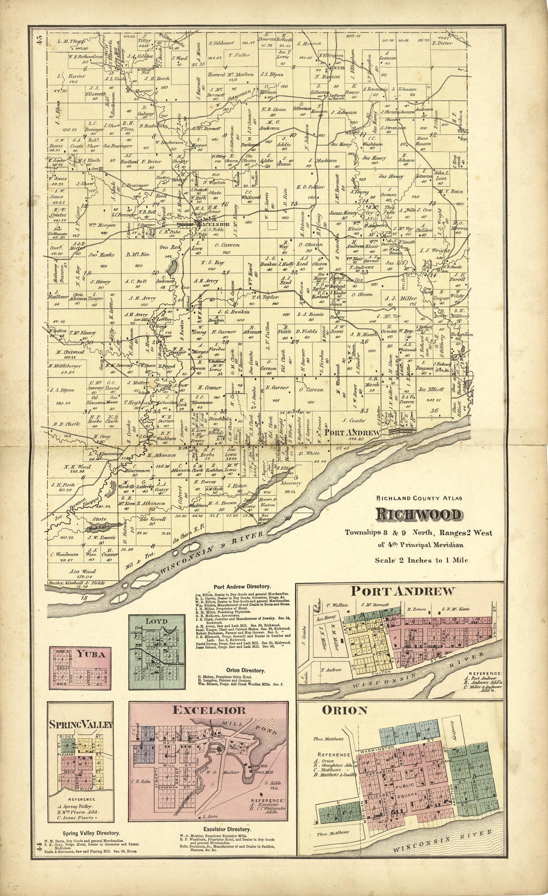 Maps Of: Richwood, Yuba, Loyd, Spring Valley, Excelsior, Port Andrew, and Orion from Atlas of Richland County, Wisconsin : Drawn from Actual Surveys and the County Records to Which Is Added a Rail Road &amp; Sectional Map of the State of Wisconsin 1874 by Relic Map Company