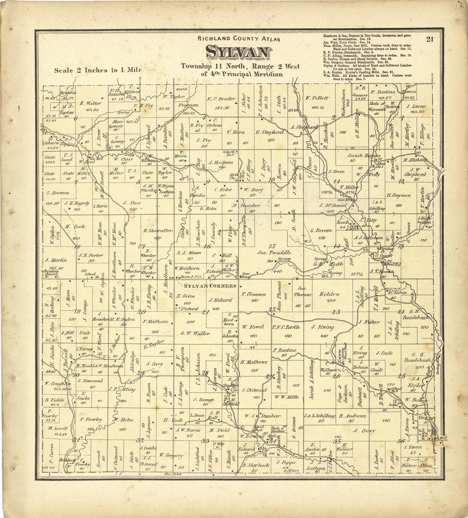 Map of Sylvan from Atlas of Richland County, Wisconsin : Drawn from Actual Surveys and the County Records to Which Is Added a Rail Road &amp; Sectional Map of the State of Wisconsin 1874 by Relic Map Company