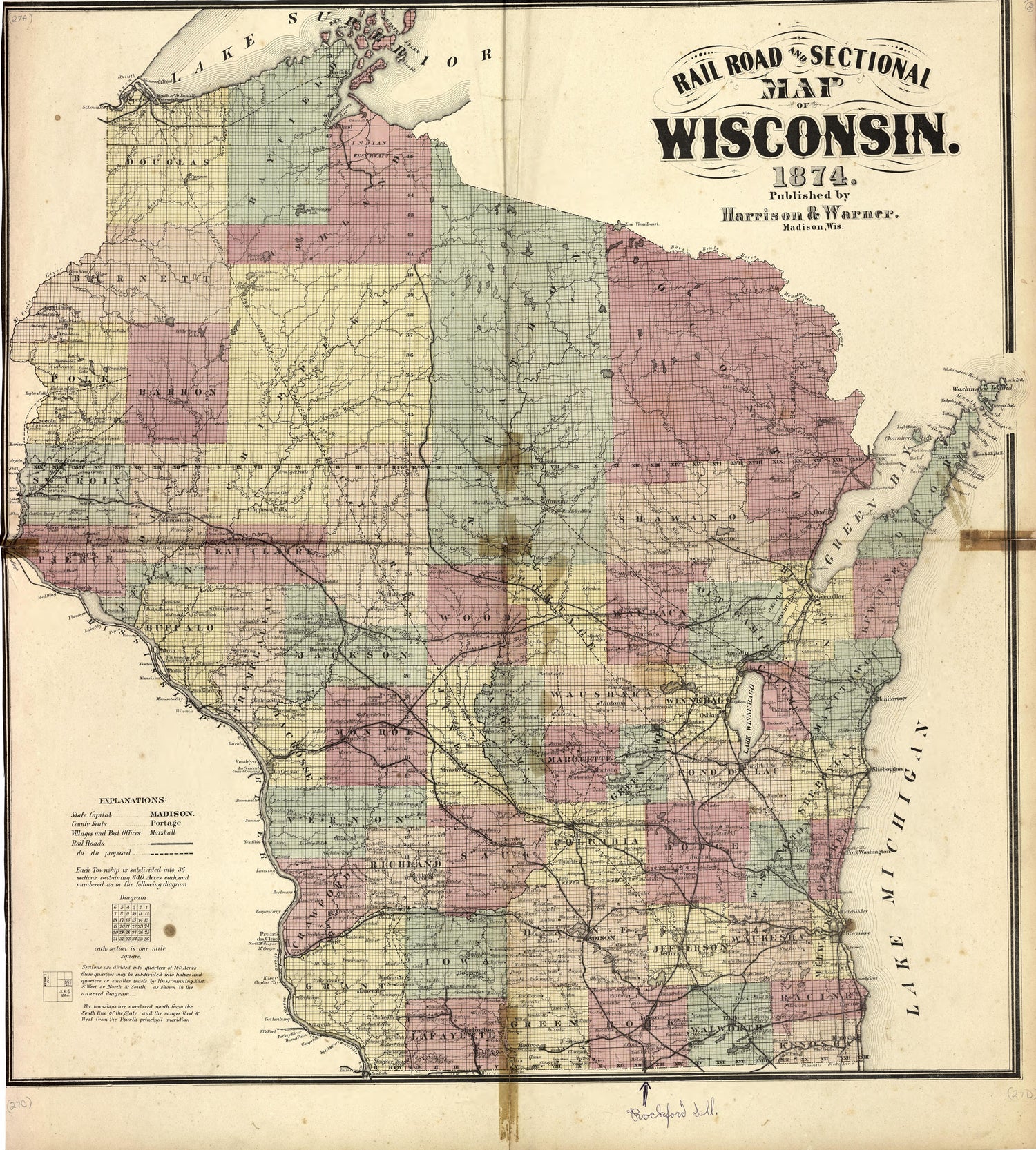 Rail Road and Sectional Map of Wisconsin, 1874 from Atlas of Richland County, Wisconsin : Drawn from Actual Surveys and the County Records to Which Is Added a Rail Road &amp; Sectional Map of the State of Wisconsin by Relic Map Company
