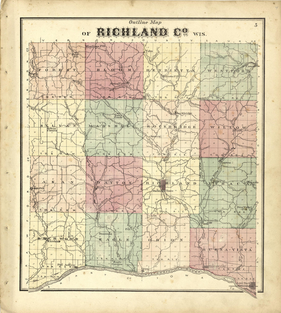 Outline Map of Richland County Wis. from Atlas of Richland County, Wisconsin : Drawn from Actual Surveys and the County Records to Which Is Added a Rail Road &amp; Sectional Map of the State of Wisconsin 1874 by Relic Map Company