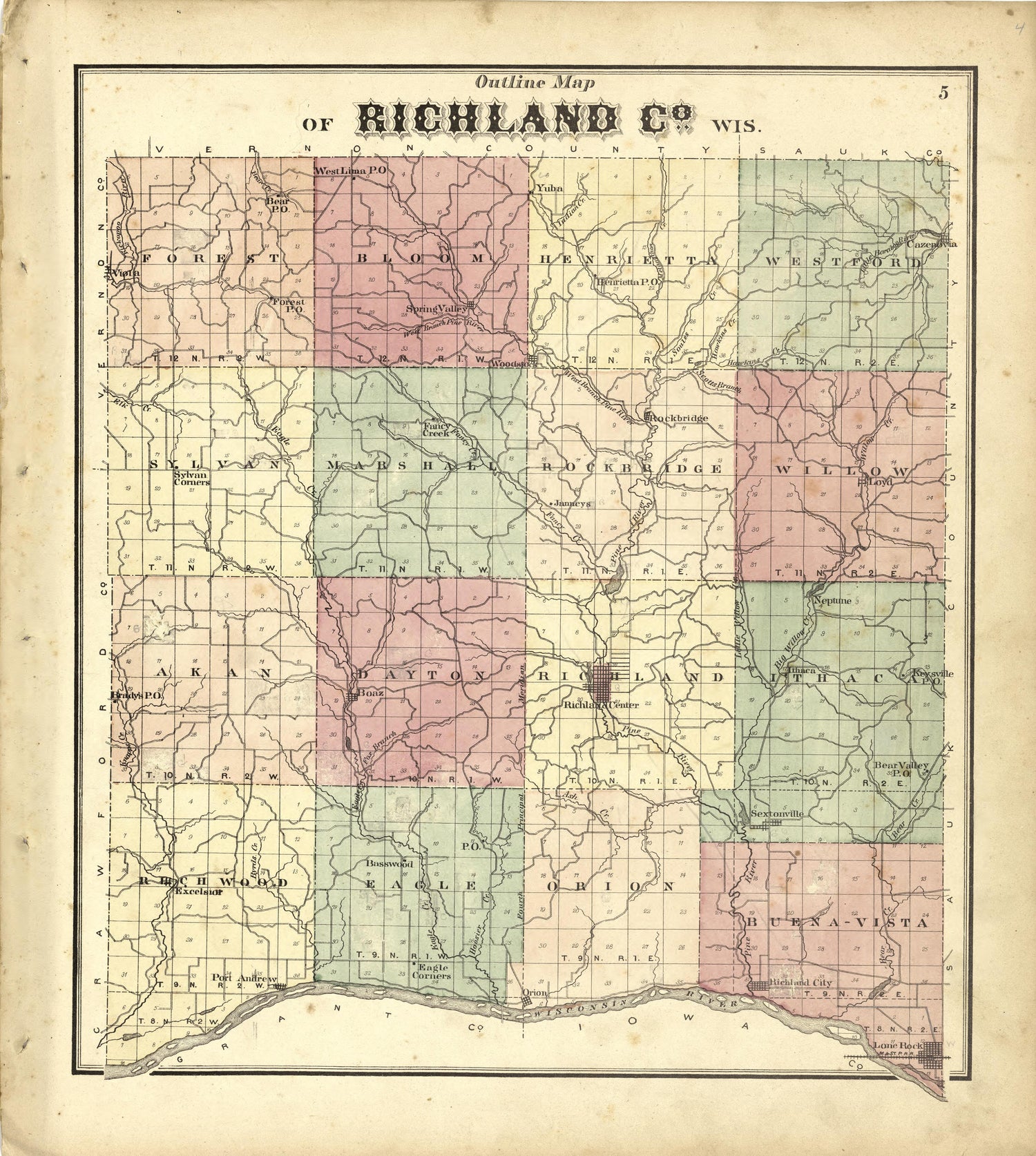 Outline Map of Richland County Wis. from Atlas of Richland County, Wisconsin : Drawn from Actual Surveys and the County Records to Which Is Added a Rail Road &amp; Sectional Map of the State of Wisconsin 1874 by Relic Map Company