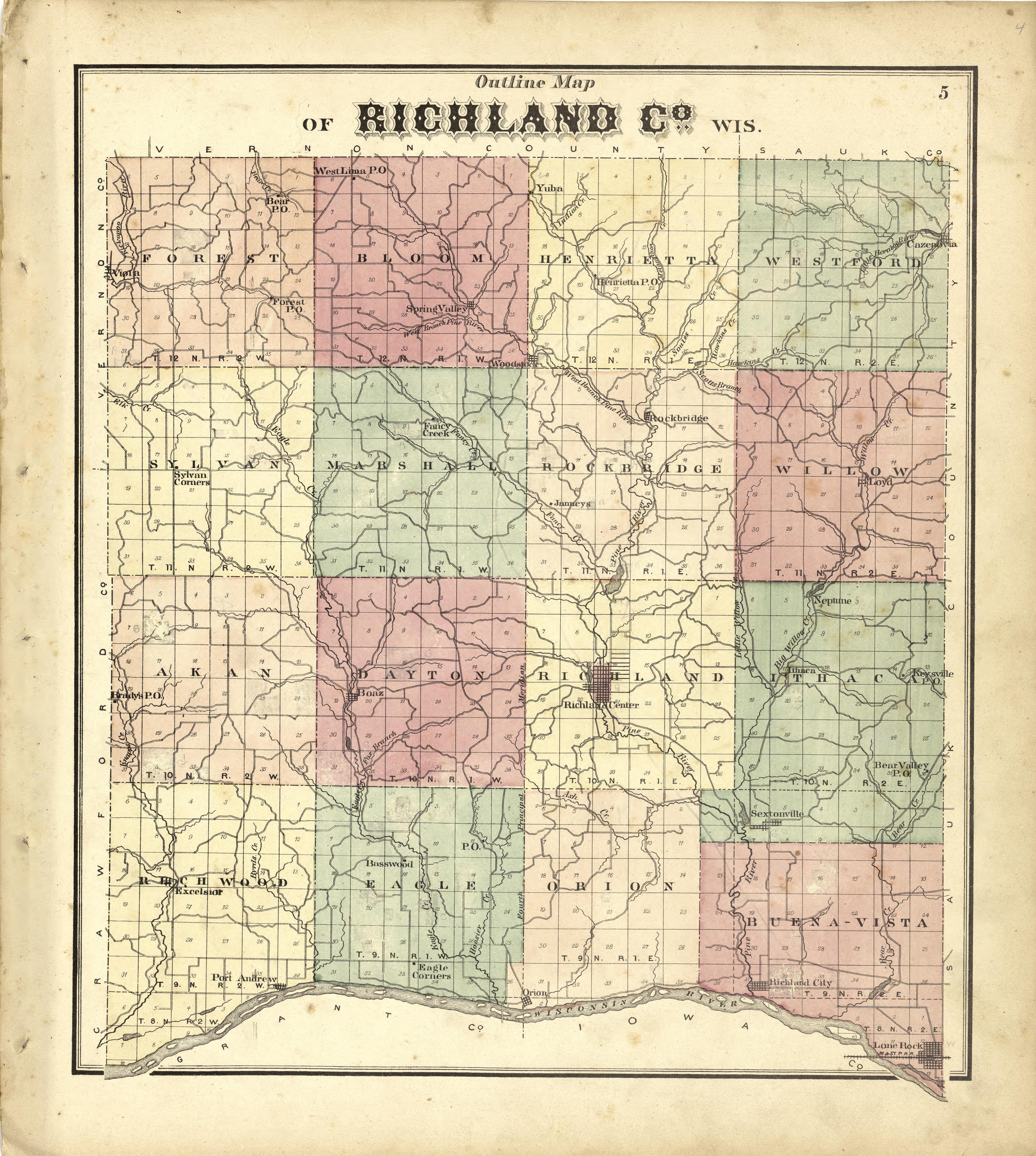 Outline Map of Richland County Wis. from Atlas of Richland County, Wisconsin : Drawn from Actual Surveys and the County Records to Which Is Added a Rail Road &amp; Sectional Map of the State of Wisconsin 1874 by Relic Map Company