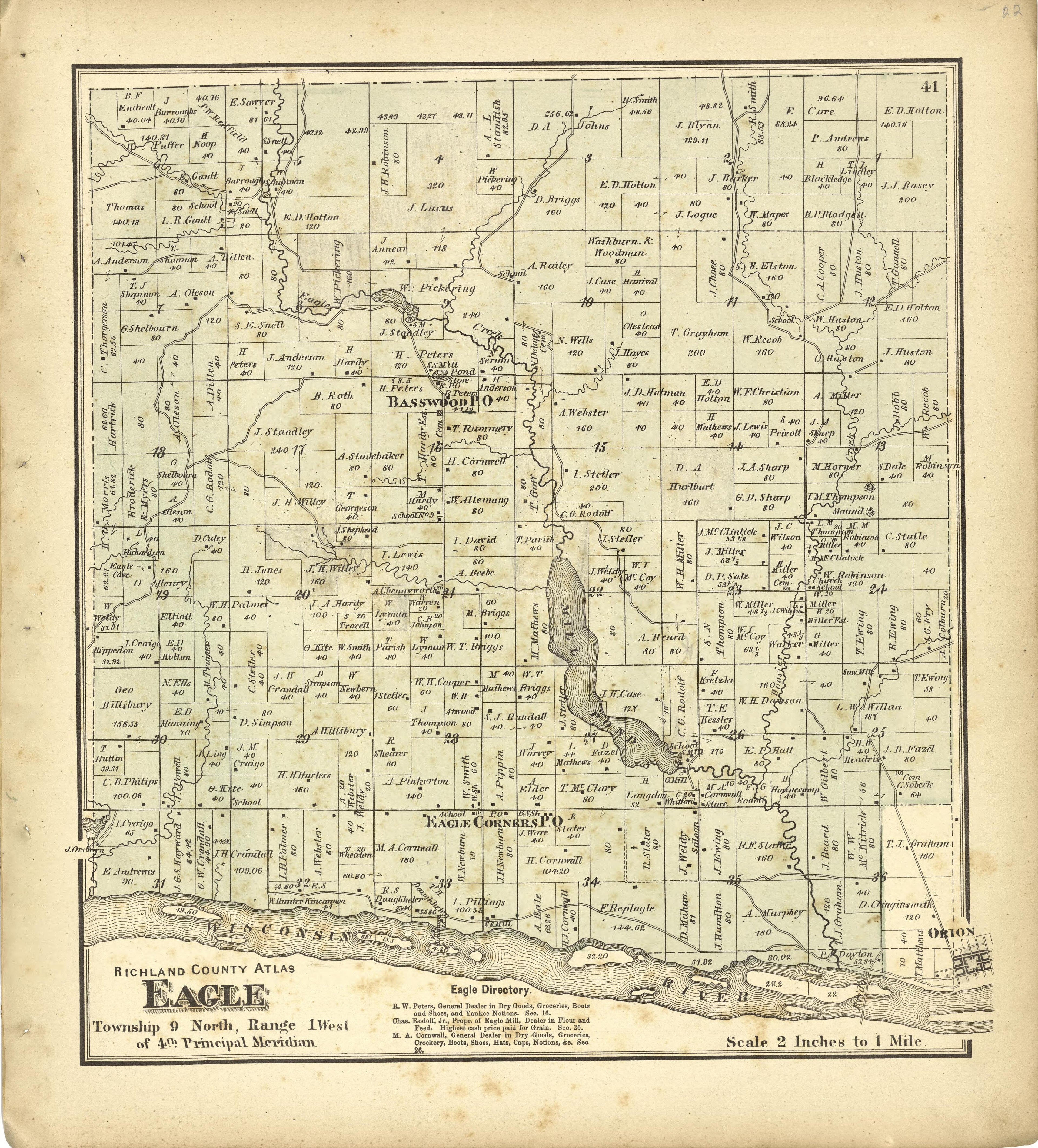 Map of Eagle from Atlas of Richland County, Wisconsin : Drawn from Actual Surveys and the County Records to Which Is Added a Rail Road &amp; Sectional Map of the State of Wisconsin 1874 by Relic Map Company
