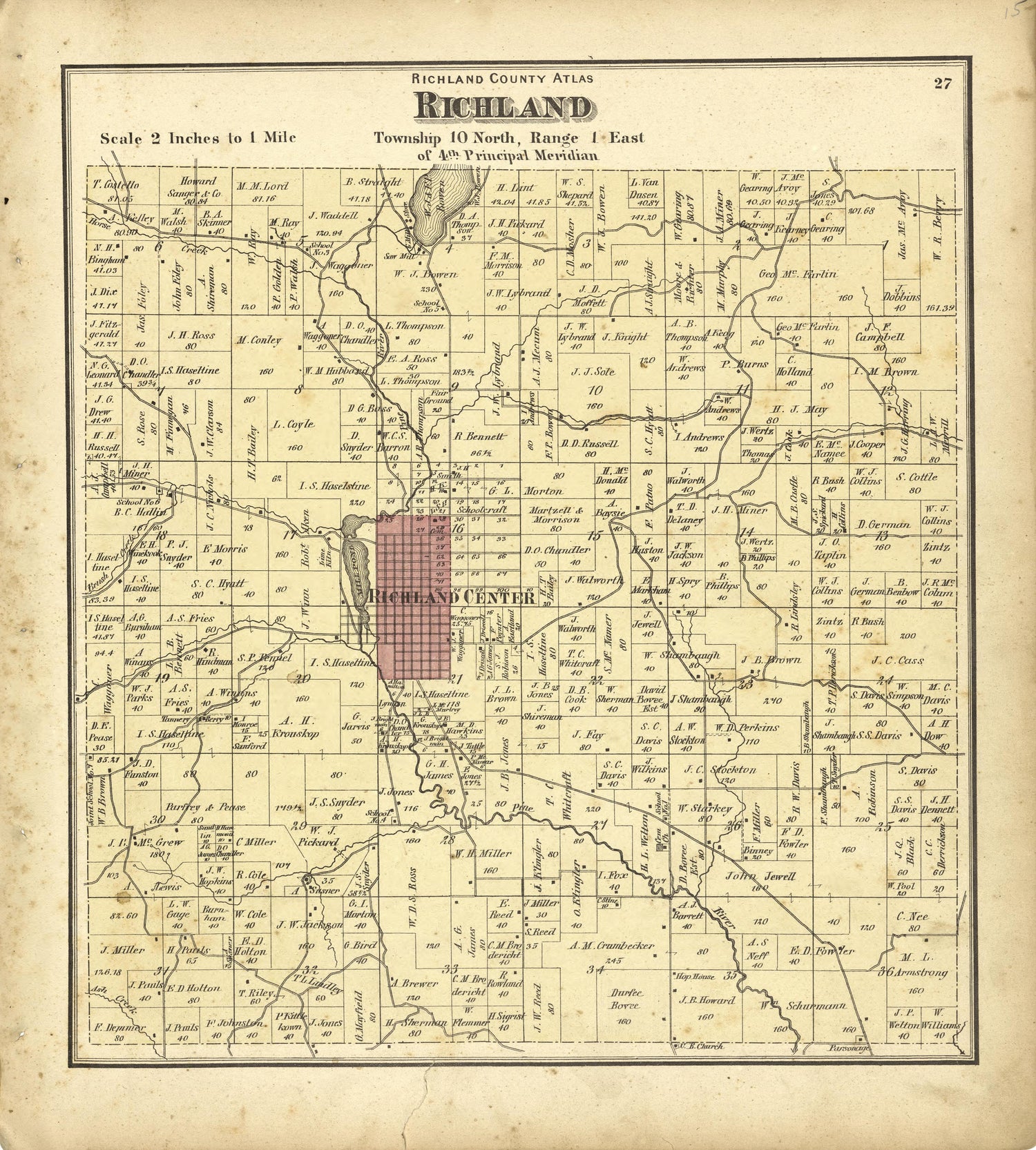 Map of Richland from Atlas of Richland County, Wisconsin : Drawn from Actual Surveys and the County Records to Which Is Added a Rail Road &amp; Sectional Map of the State of Wisconsin 1874 by Relic Map Company