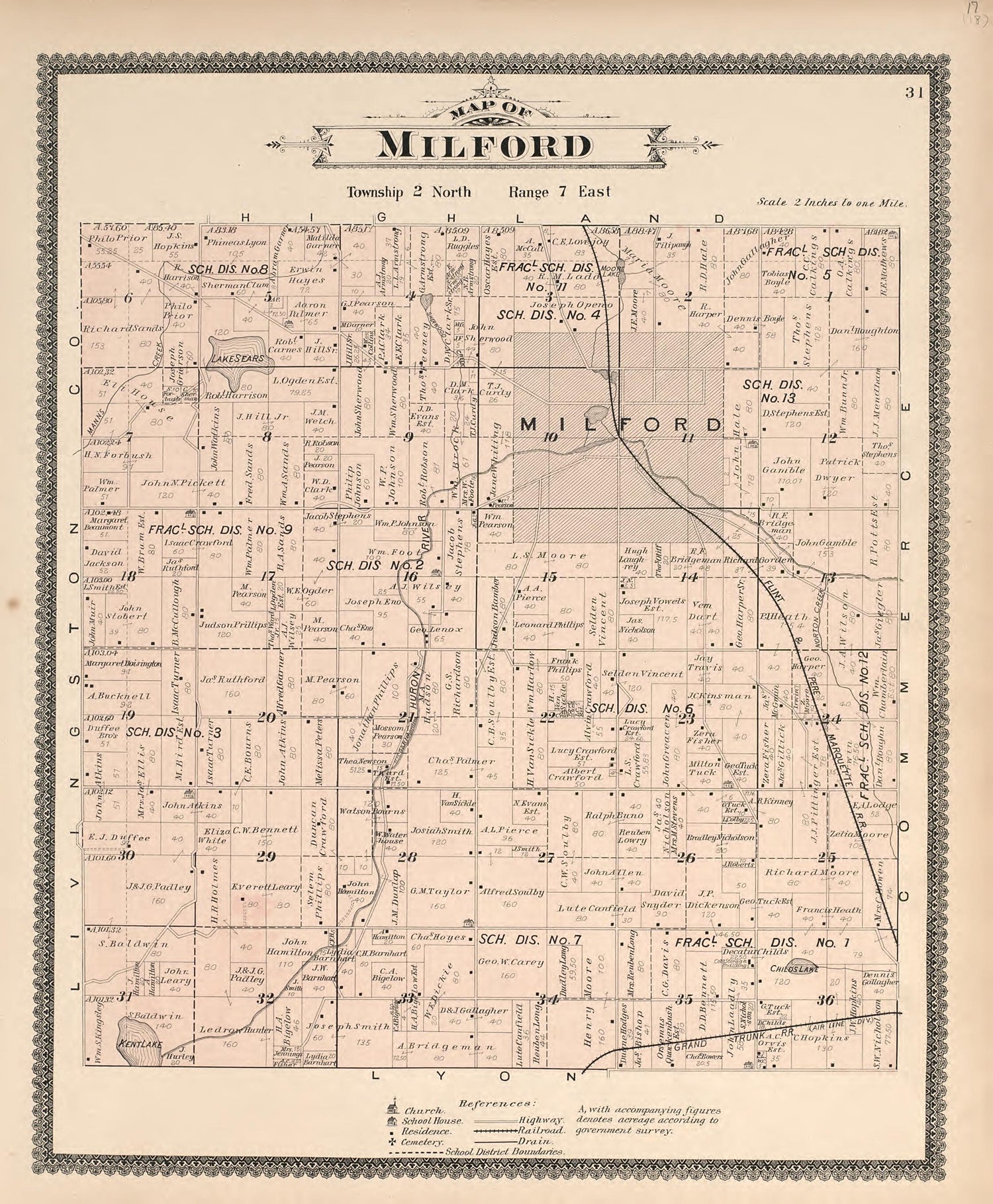 Map of Milford from Illustrated Atlas of Oakland County, Michigan : Compiled from Official Records and Local Inspections 1896 by Relic Map Company