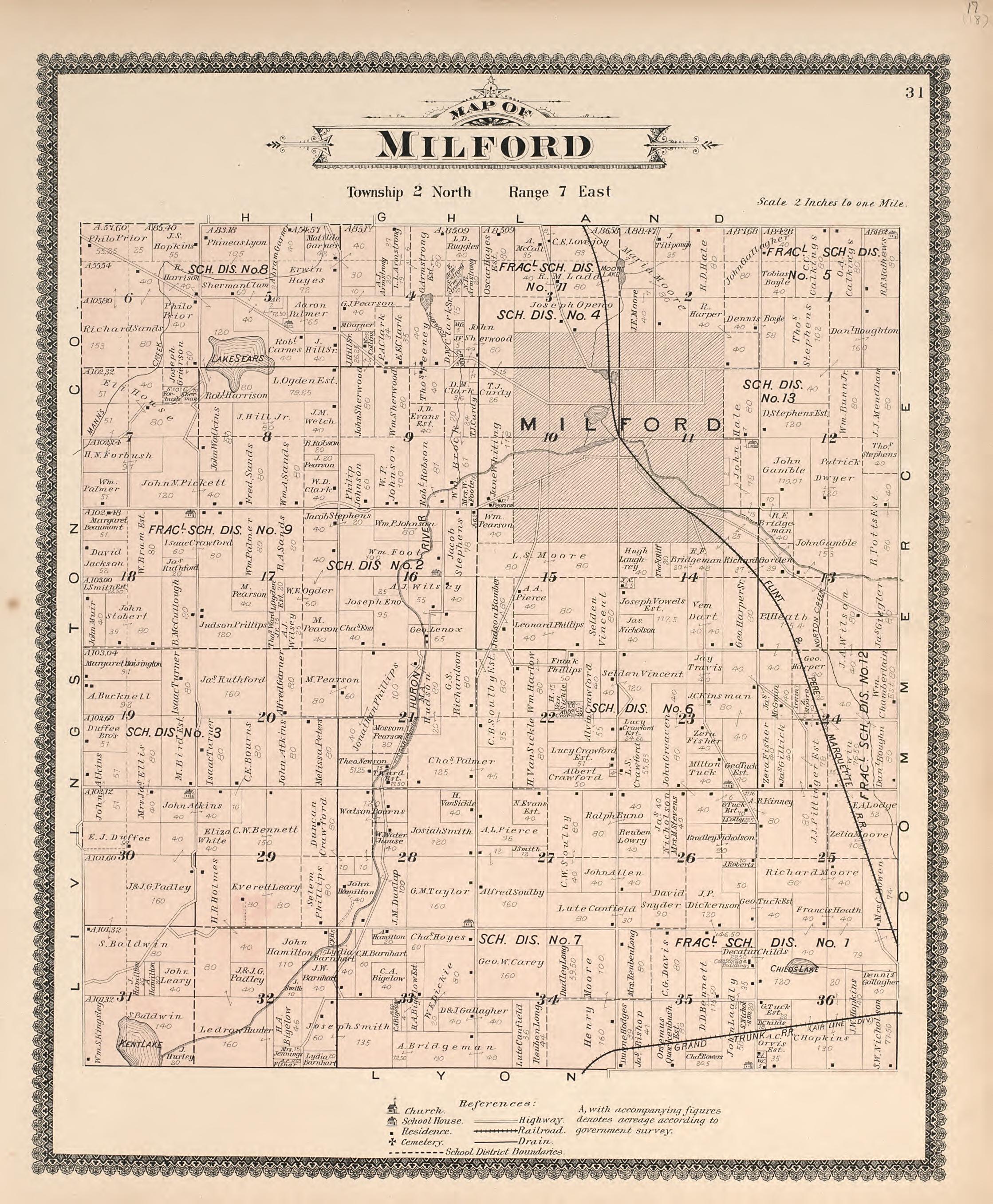 Map of Milford from Illustrated Atlas of Oakland County, Michigan : Compiled from Official Records and Local Inspections 1896 by Relic Map Company