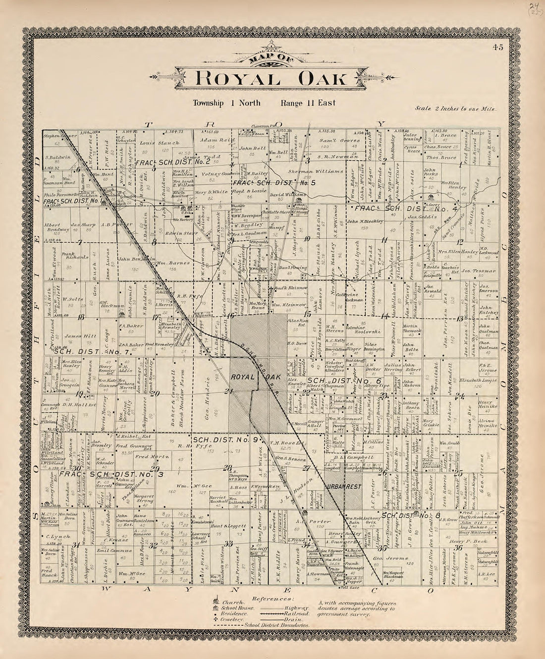 Map of Royal Oak from Illustrated Atlas of Oakland County, Michigan : Compiled from Official Records and Local Inspections 1896 by Relic Map Company