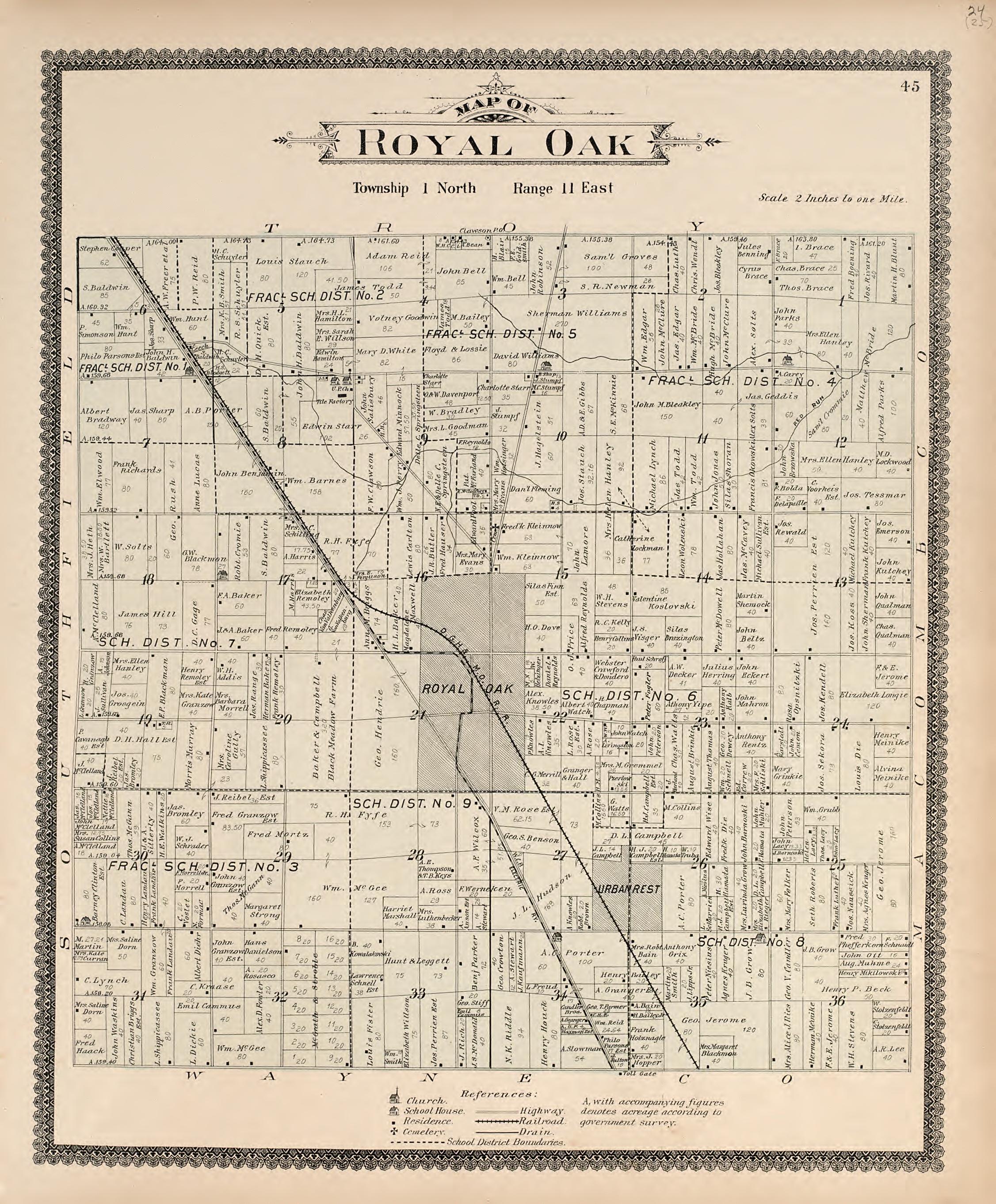 Map of Royal Oak from Illustrated Atlas of Oakland County, Michigan : Compiled from Official Records and Local Inspections 1896 by Relic Map Company