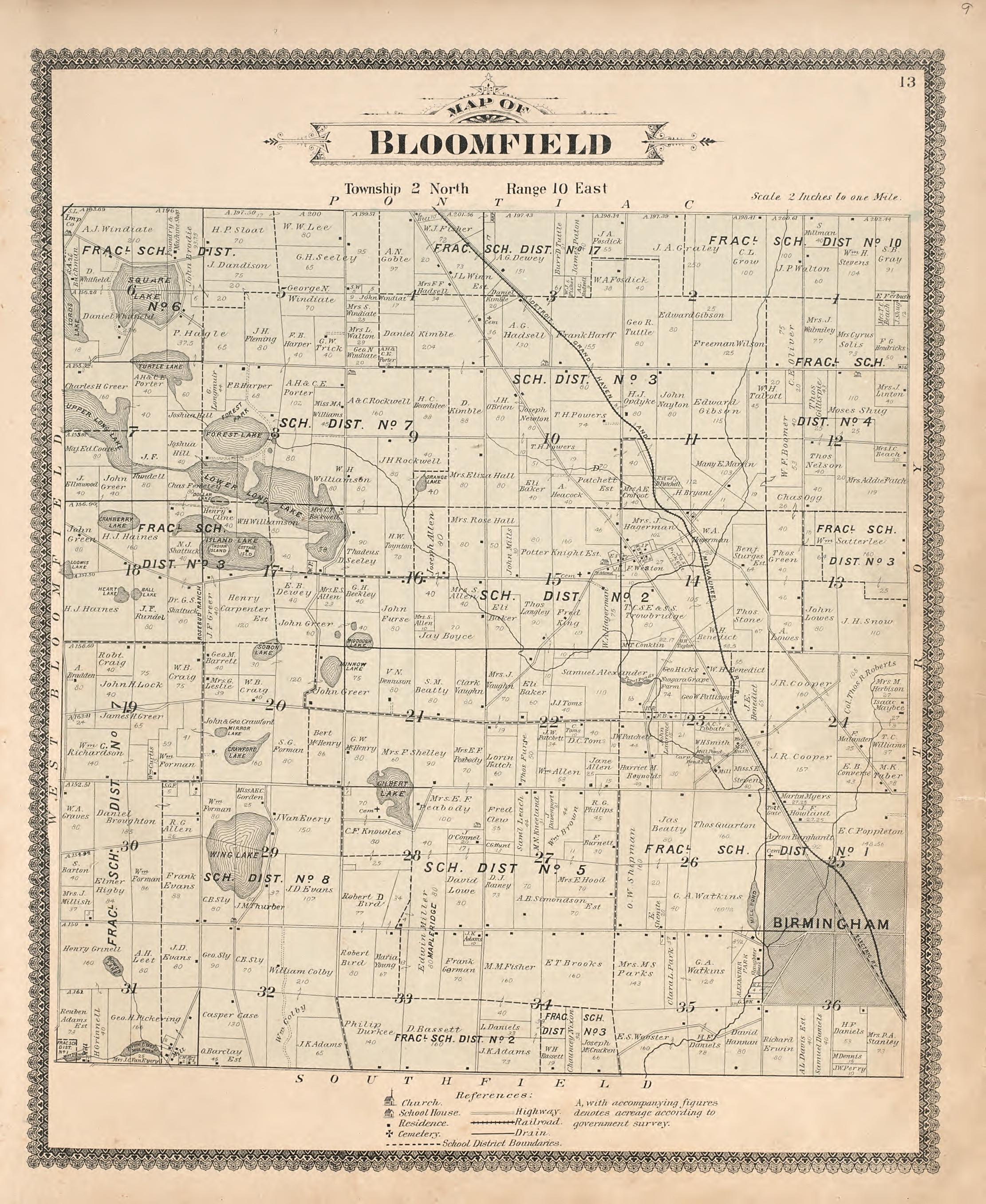 Map of Bloomfield from Illustrated Atlas of Oakland County, Michigan : Compiled from Official Records and Local Inspections 1896 by Relic Map Company