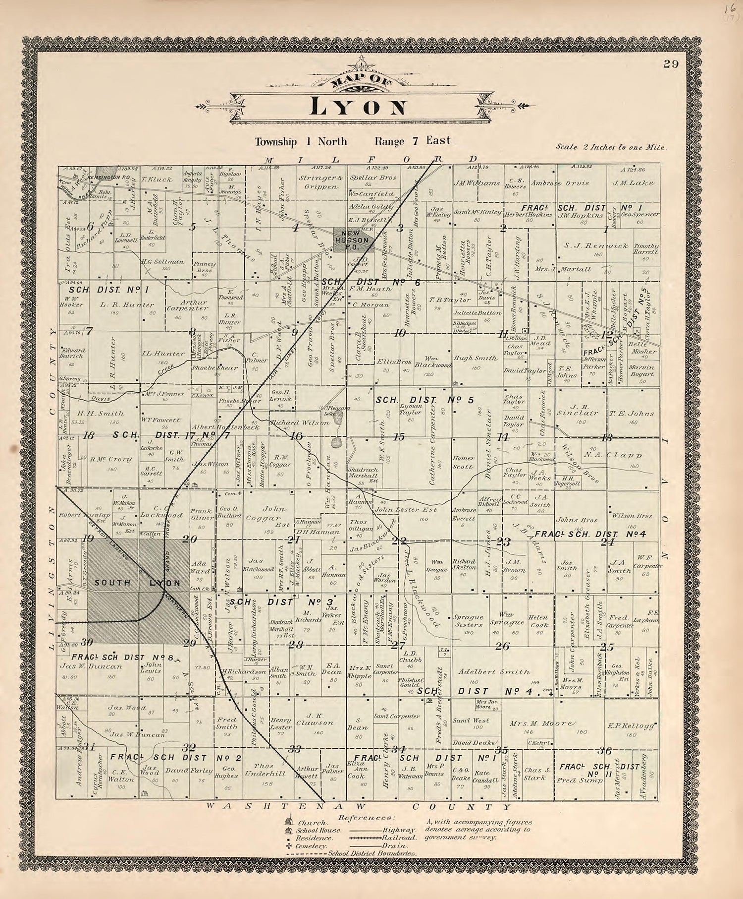 Map of Lyon from Illustrated Atlas of Oakland County, Michigan : Compiled from Official Records and Local Inspections 1896 by Relic Map Company