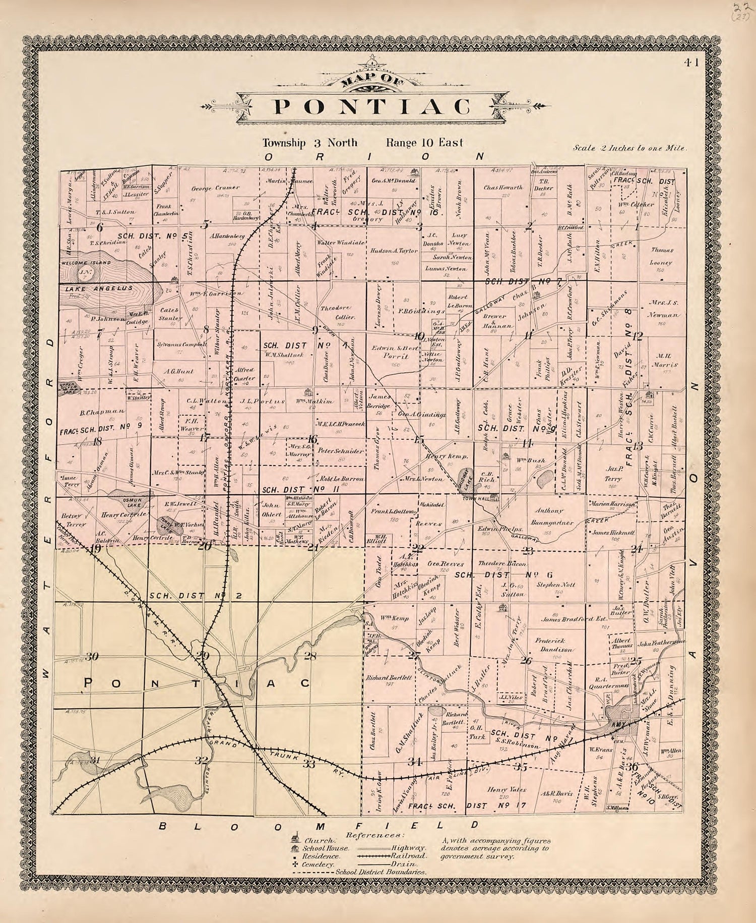 Map of Pontiac from Illustrated Atlas of Oakland County, Michigan : Compiled from Official Records and Local Inspections 1896 by Relic Map Company