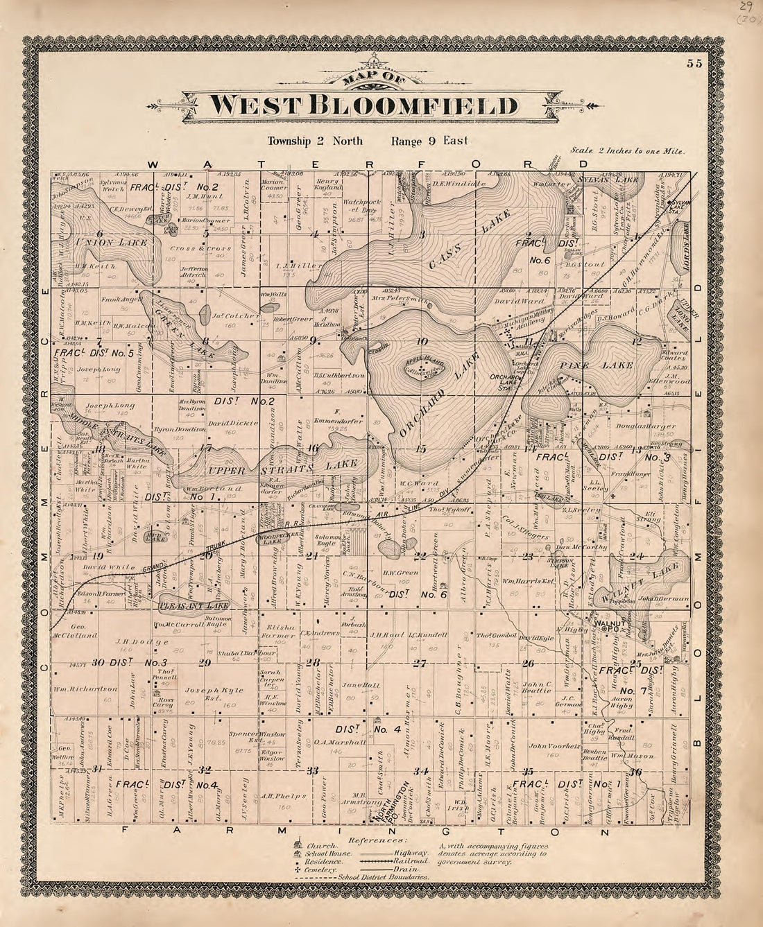 Map of West Bloomfield from Illustrated Atlas of Oakland County, Michigan : Compiled from Official Records and Local Inspections 1896 by Relic Map Company