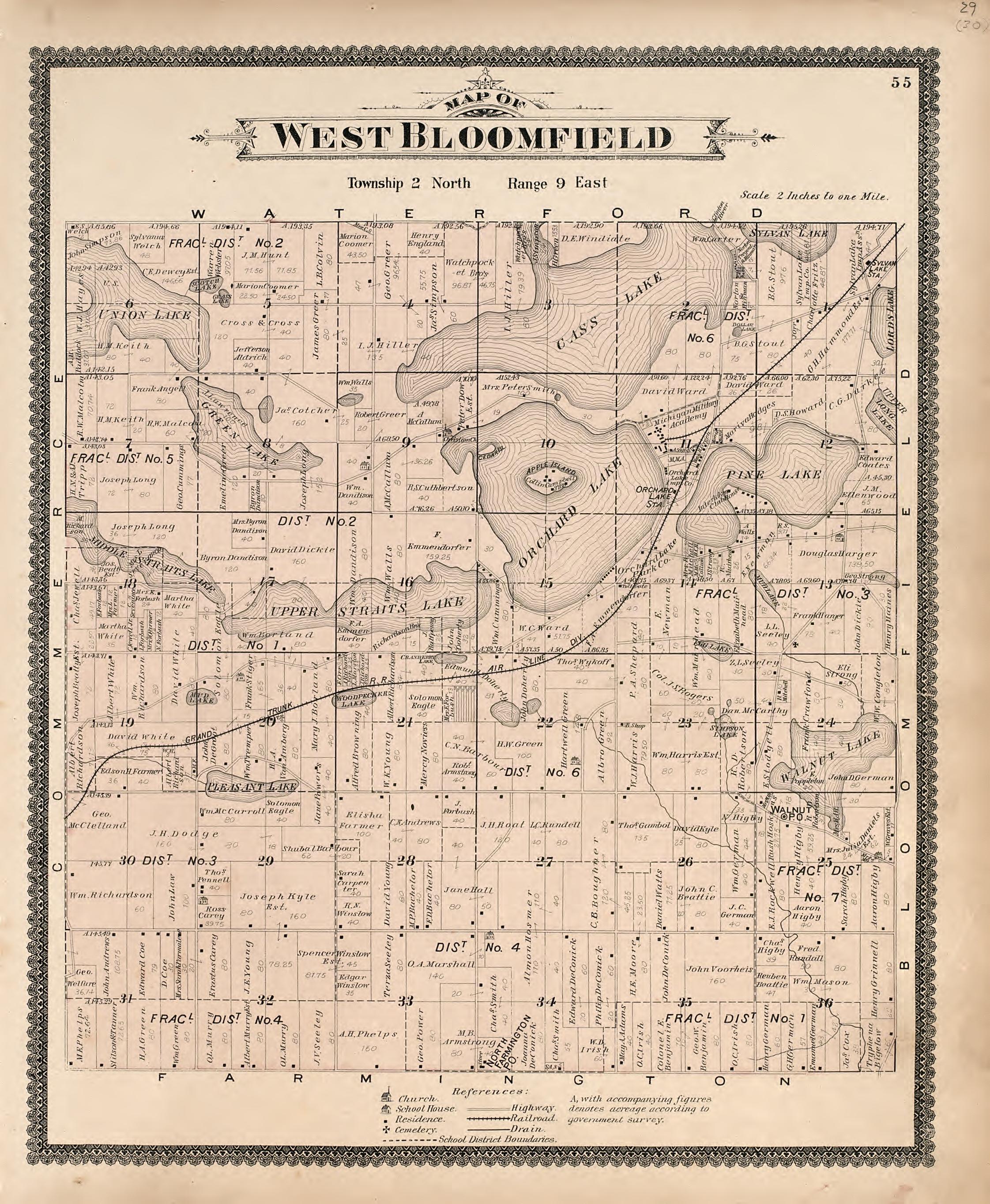 Map of West Bloomfield from Illustrated Atlas of Oakland County, Michigan : Compiled from Official Records and Local Inspections 1896 by Relic Map Company