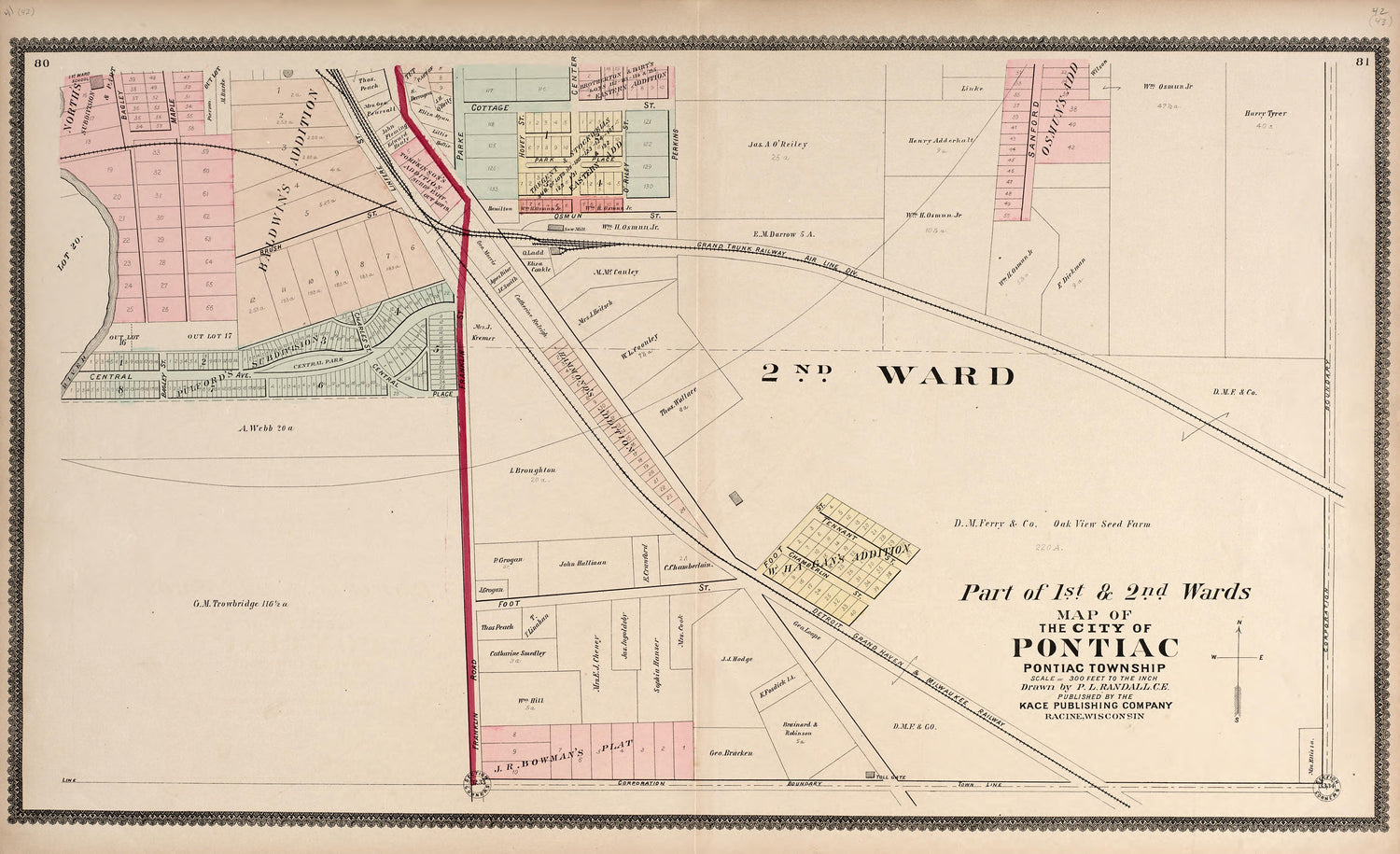 Part of the 1st &amp; 2nd Wards - Map of the City of Pontiac from Illustrated Atlas of Oakland County, Michigan : Compiled from Official Records and Local Inspections 1896 by Relic Map Company