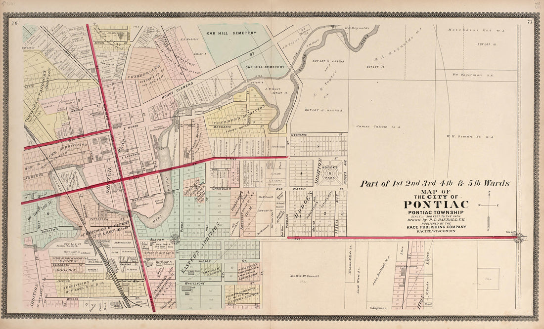 Part of the 1st 2nd 3rd 4th &amp; 5th Wards - Map of the City of Pontiac from Illustrated Atlas of Oakland County, Michigan : Compiled from Official Records and Local Inspections 1896 by Relic Map Company