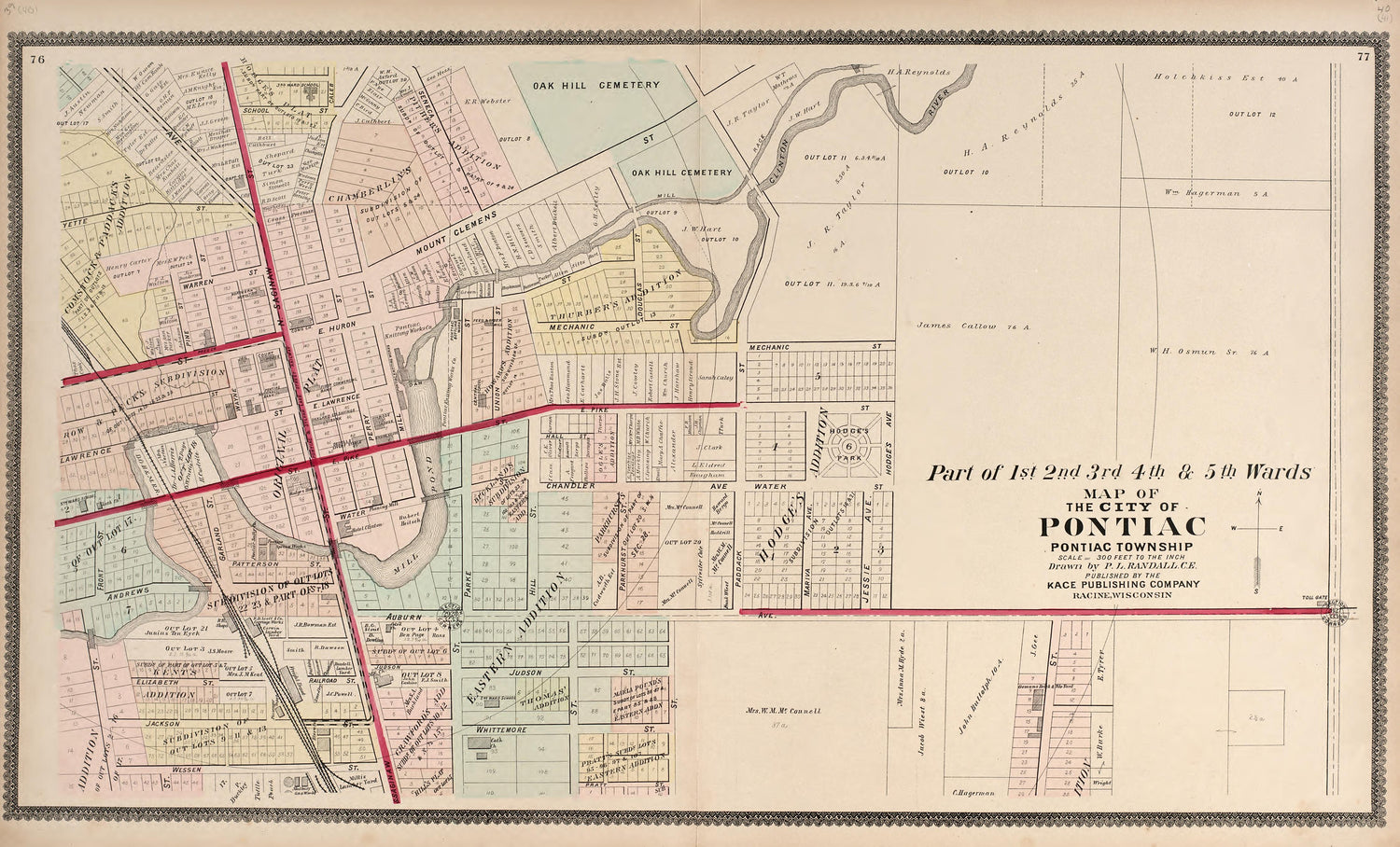 Part of the 1st 2nd 3rd 4th &amp; 5th Wards - Map of the City of Pontiac from Illustrated Atlas of Oakland County, Michigan : Compiled from Official Records and Local Inspections 1896 by Relic Map Company