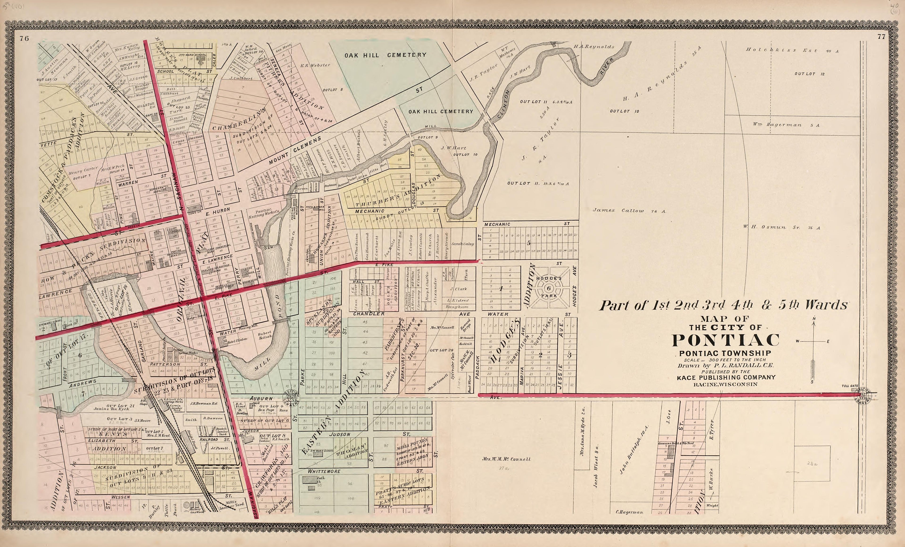 Part of the 1st 2nd 3rd 4th &amp; 5th Wards - Map of the City of Pontiac from Illustrated Atlas of Oakland County, Michigan : Compiled from Official Records and Local Inspections 1896 by Relic Map Company