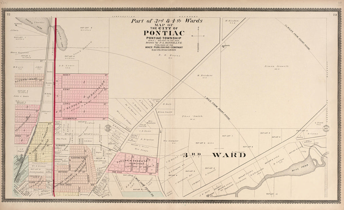 Part of the 3rd &amp; 4th Wards - Map of the City of Pontiac from Illustrated Atlas of Oakland County, Michigan : Compiled from Official Records and Local Inspections 1896 by Relic Map Company
