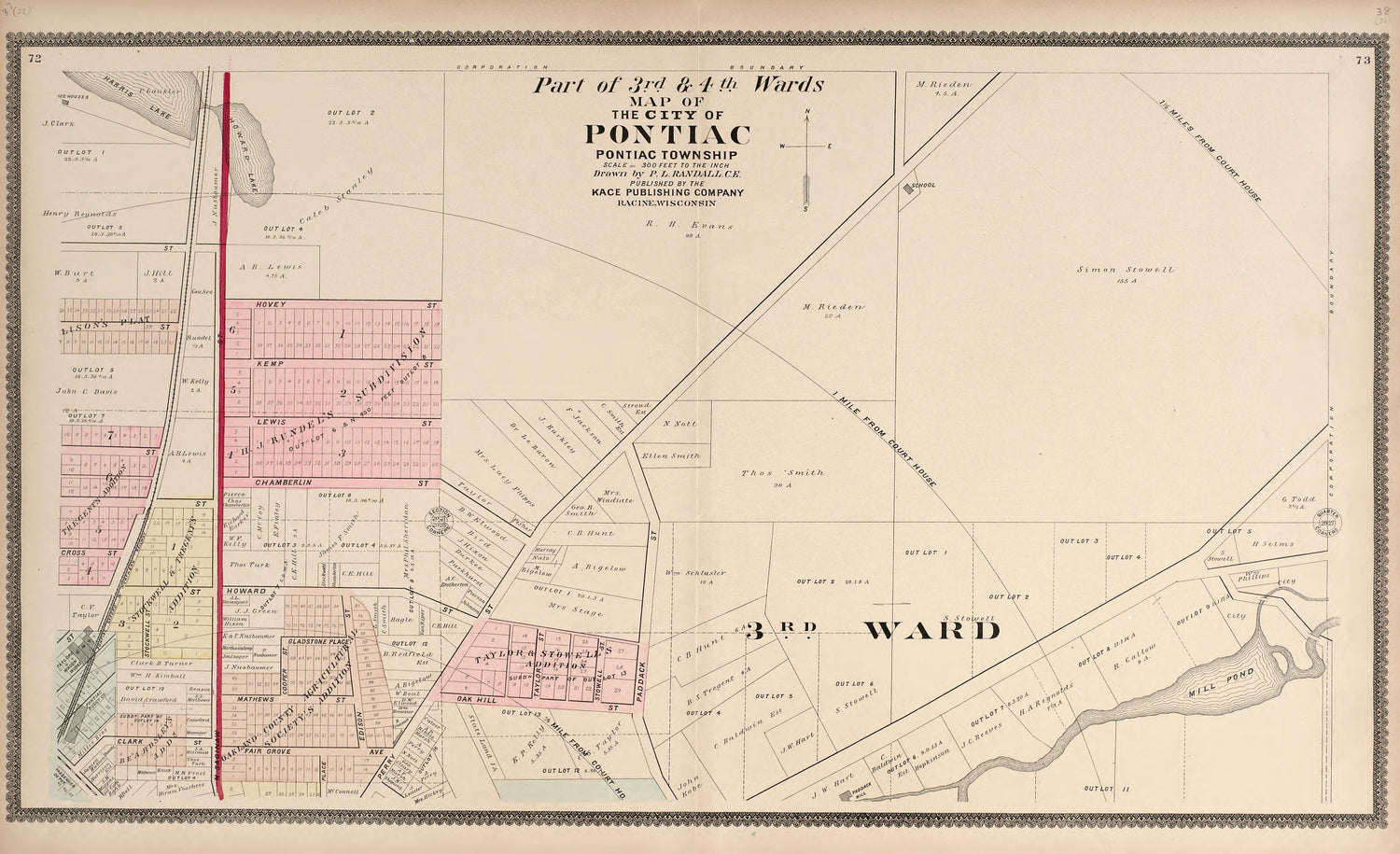 Part of the 3rd &amp; 4th Wards - Map of the City of Pontiac from Illustrated Atlas of Oakland County, Michigan : Compiled from Official Records and Local Inspections 1896 by Relic Map Company