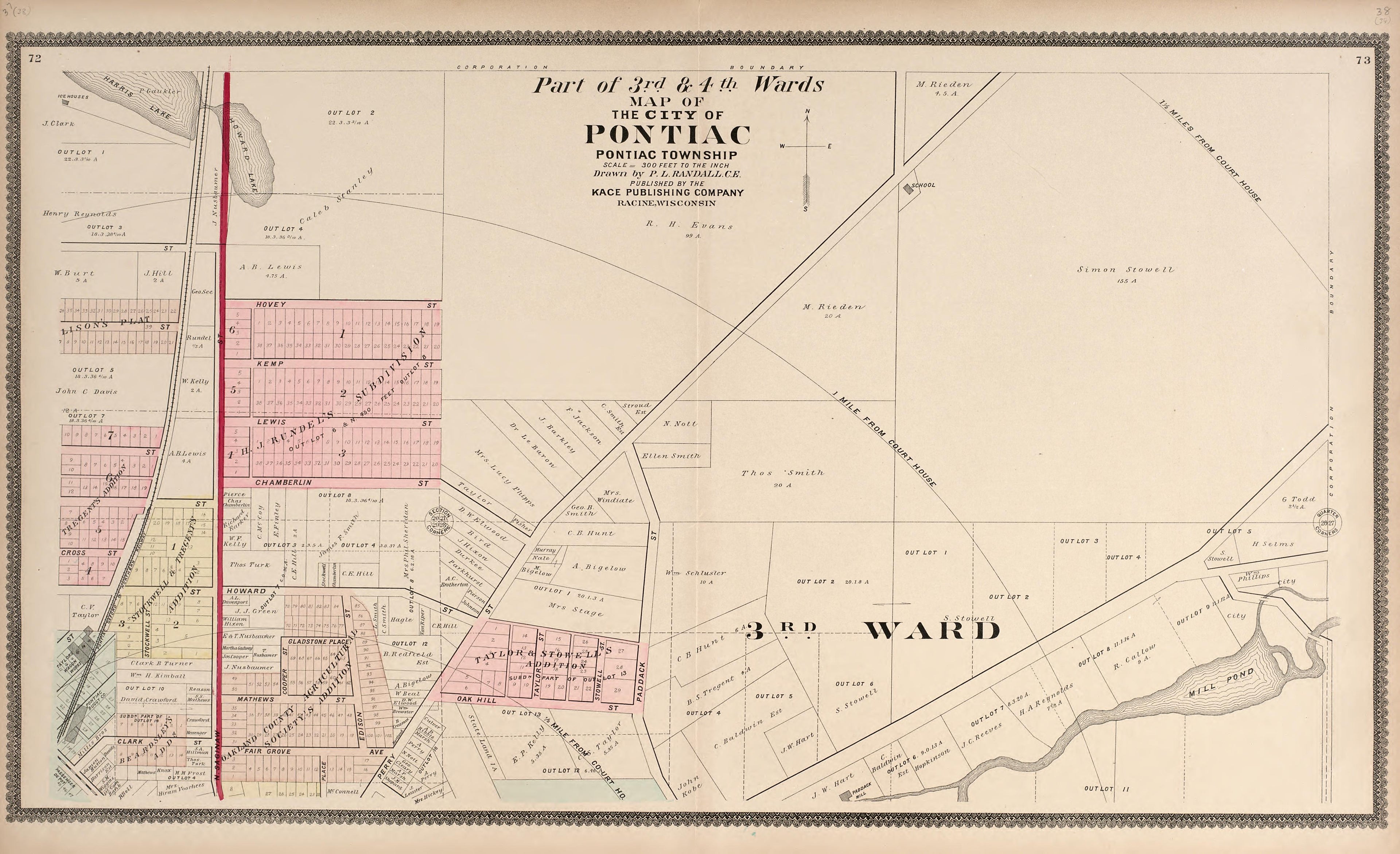 Part of the 3rd &amp; 4th Wards - Map of the City of Pontiac from Illustrated Atlas of Oakland County, Michigan : Compiled from Official Records and Local Inspections 1896 by Relic Map Company