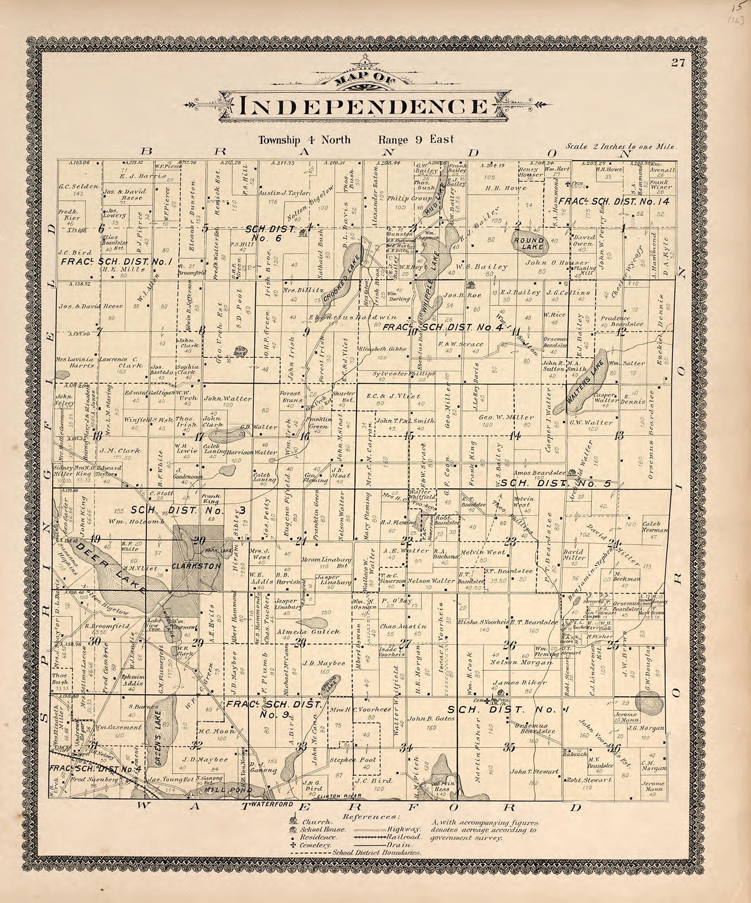 Map of Independence from Illustrated Atlas of Oakland County, Michigan : Compiled from Official Records and Local Inspections 1896 by Relic Map Company