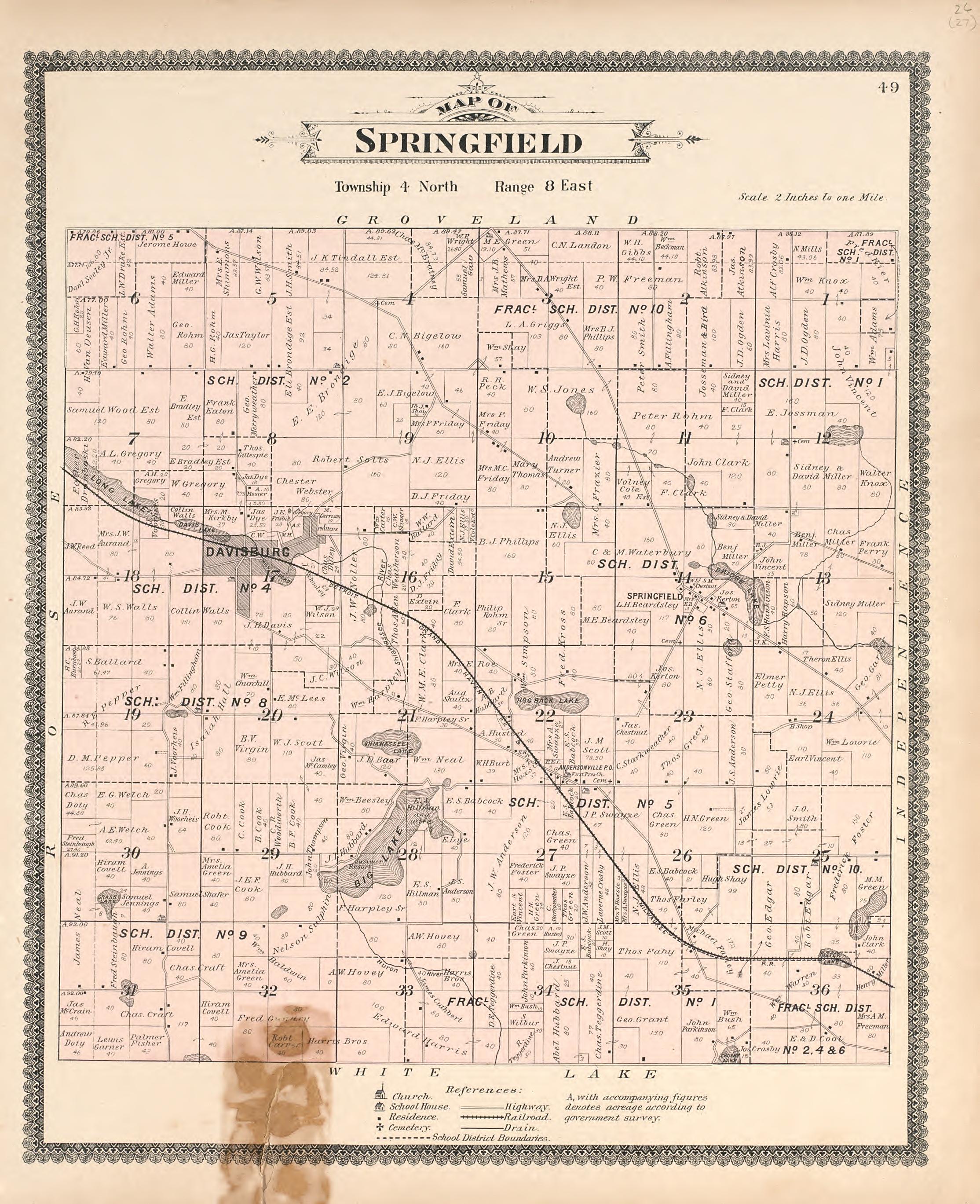 Map of Springfield from Illustrated Atlas of Oakland County, Michigan : Compiled from Official Records and Local Inspections 1896 by Relic Map Company