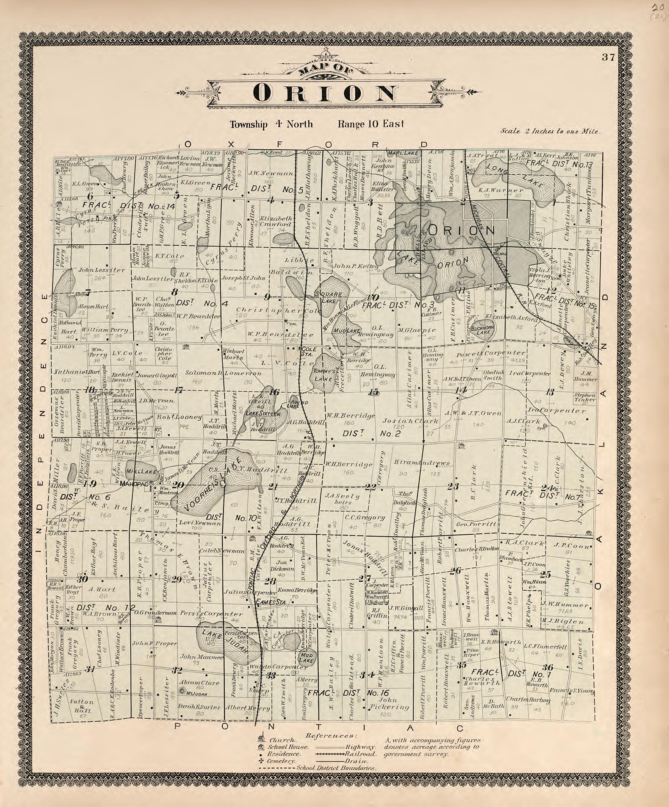 Map of Orion from Illustrated Atlas of Oakland County, Michigan : Compiled from Official Records and Local Inspections 1896 by Relic Map Company