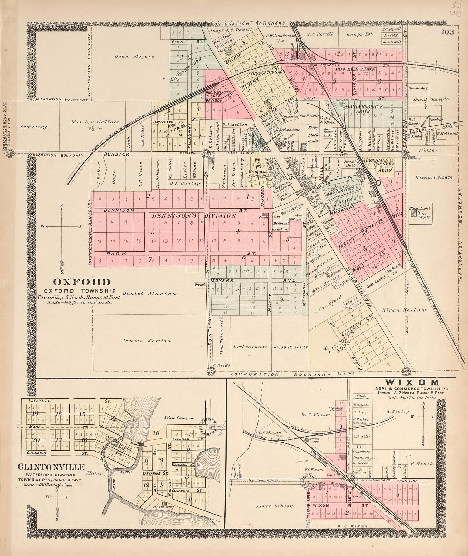 Oxford; Wixom; Clintonville from Illustrated Atlas of Oakland County, Michigan : Compiled from Official Records and Local Inspections 1896 by Relic Map Company