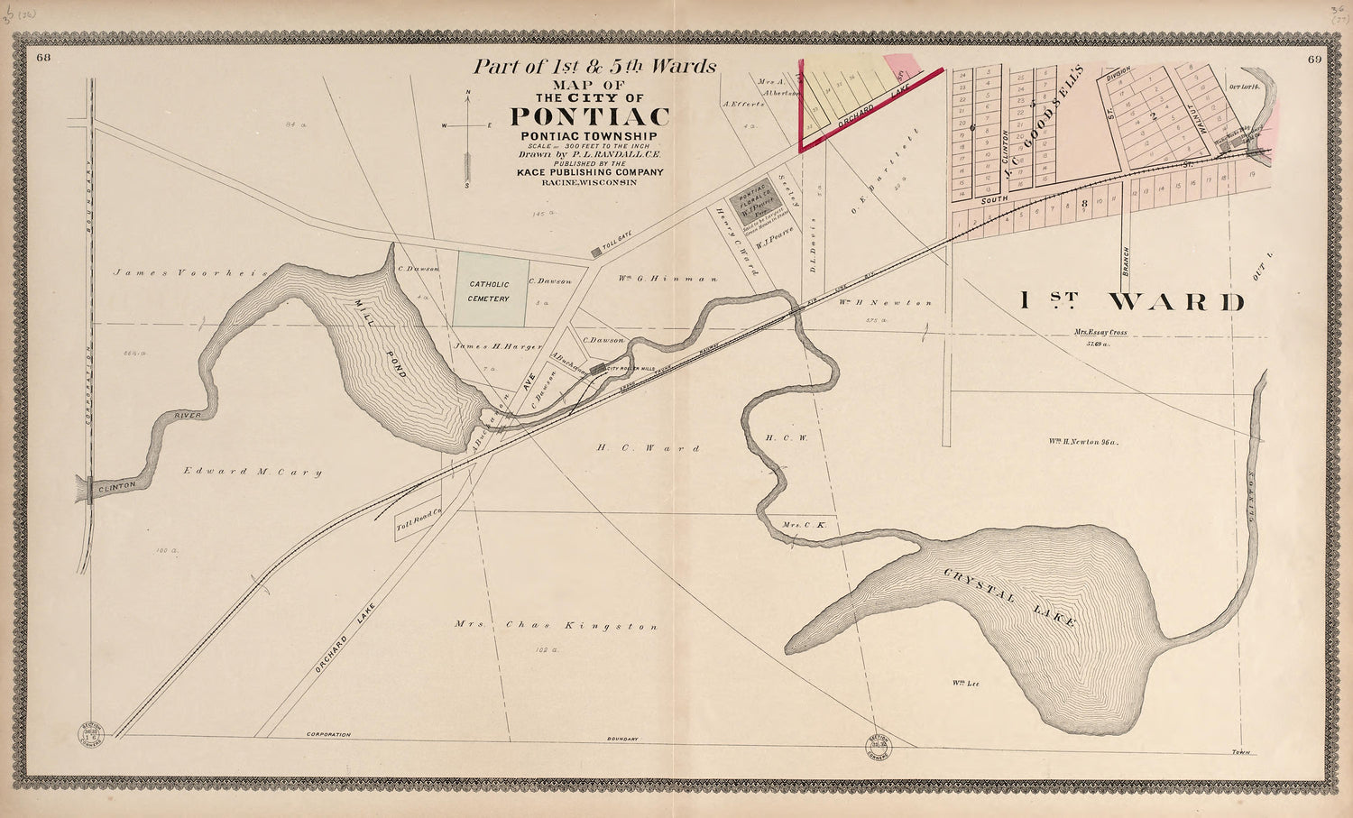 Part of the 1st &amp; 5th Wards - Map of the City of Pontiac from Illustrated Atlas of Oakland County, Michigan : Compiled from Official Records and Local Inspections 1896 by Relic Map Company