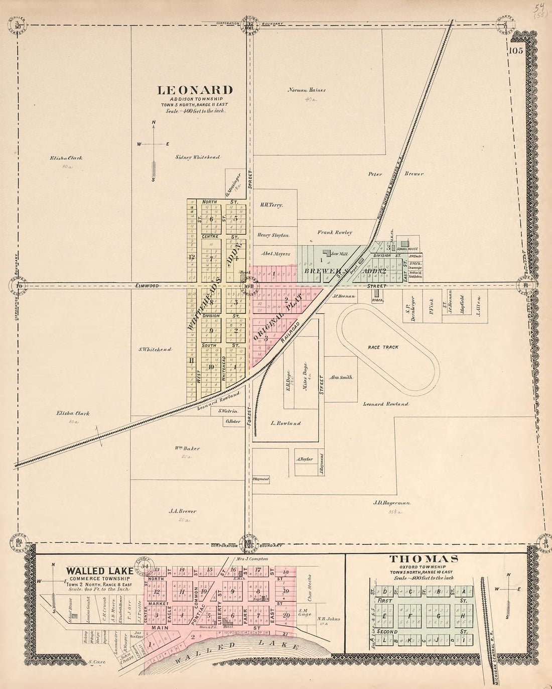 Leonard; Walled Lake; Thomas from Illustrated Atlas of Oakland County, Michigan : Compiled from Official Records and Local Inspections 1896 by Relic Map Company