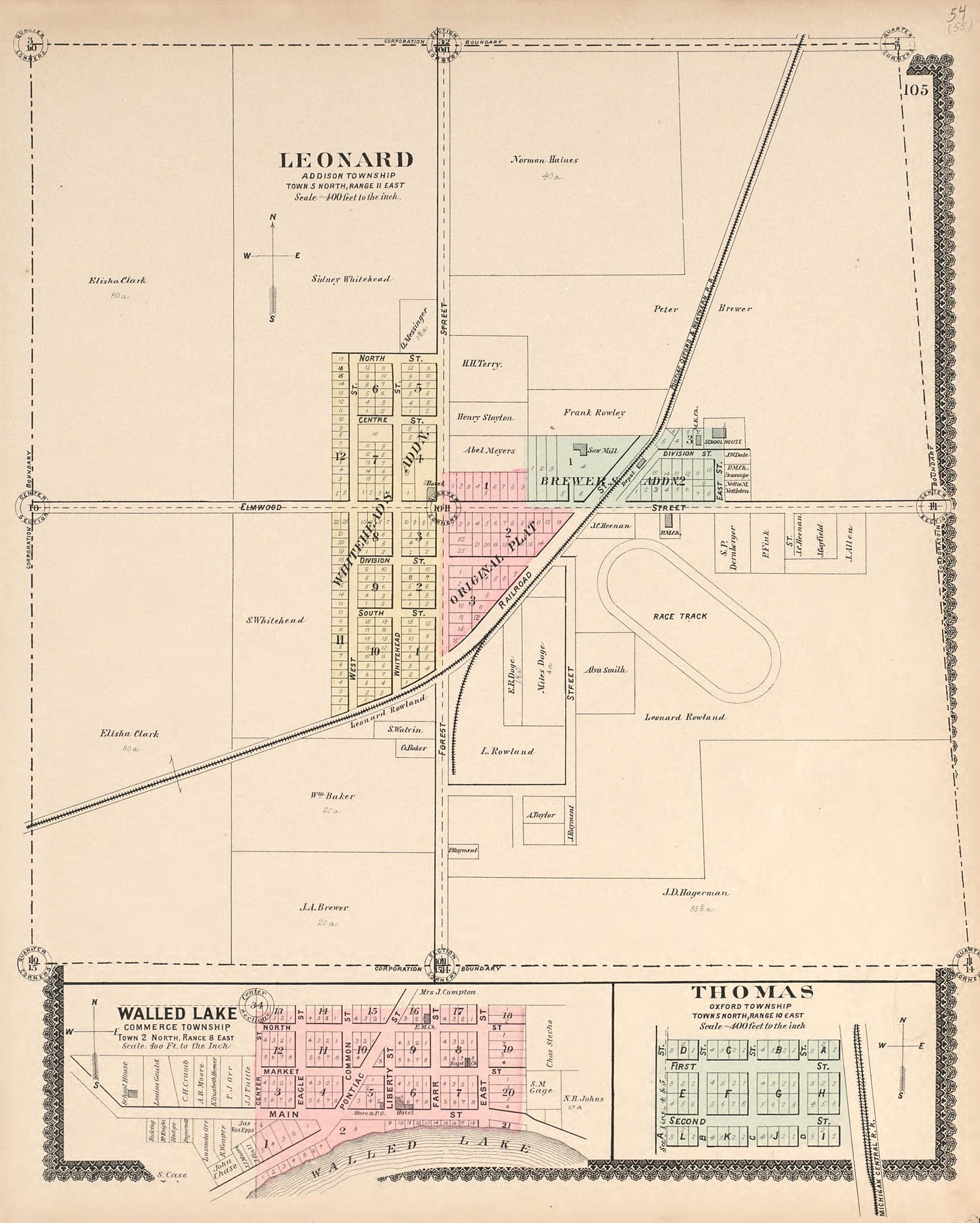 Leonard; Walled Lake; Thomas from Illustrated Atlas of Oakland County, Michigan : Compiled from Official Records and Local Inspections 1896 by Relic Map Company