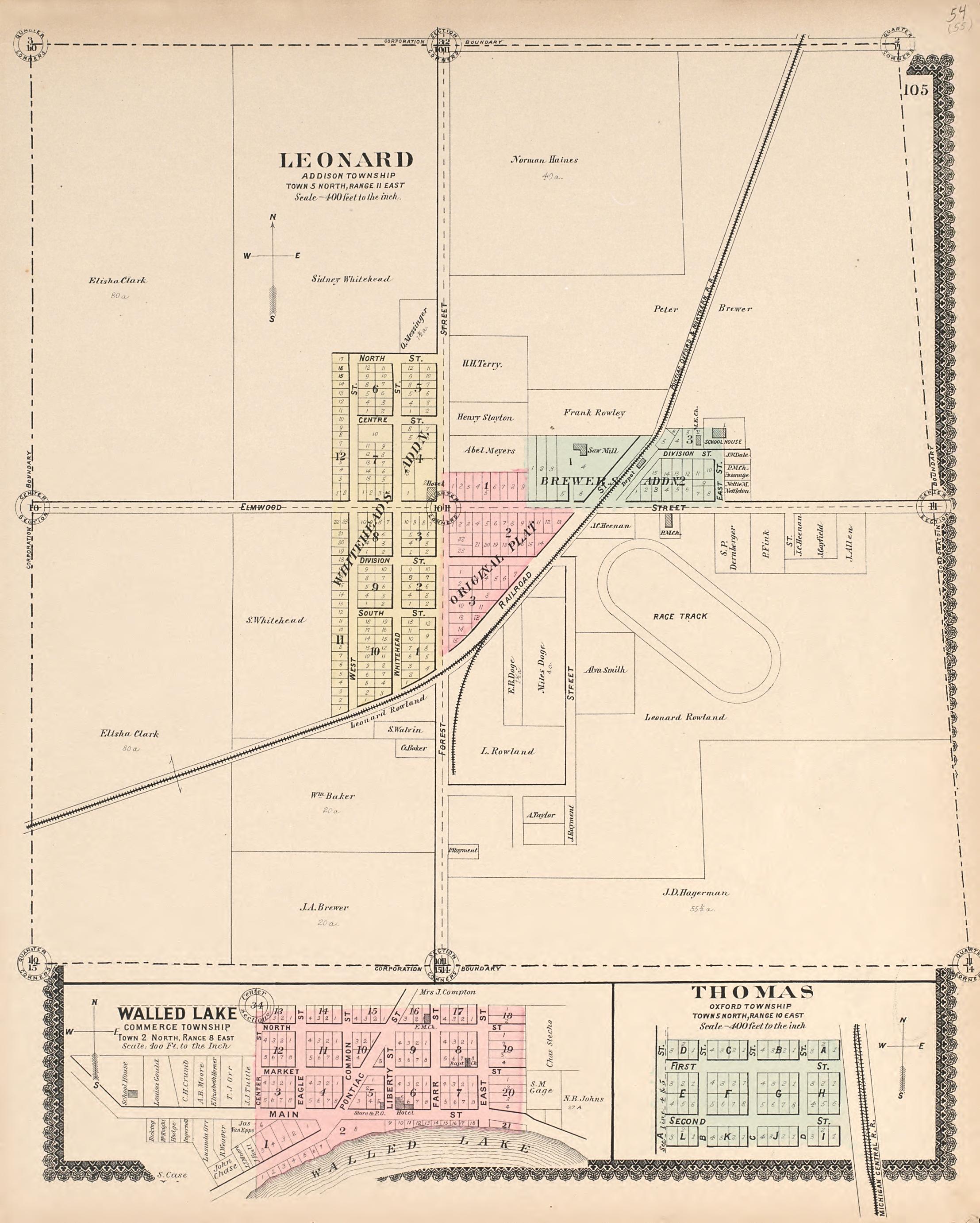 Leonard; Walled Lake; Thomas from Illustrated Atlas of Oakland County, Michigan : Compiled from Official Records and Local Inspections 1896 by Relic Map Company