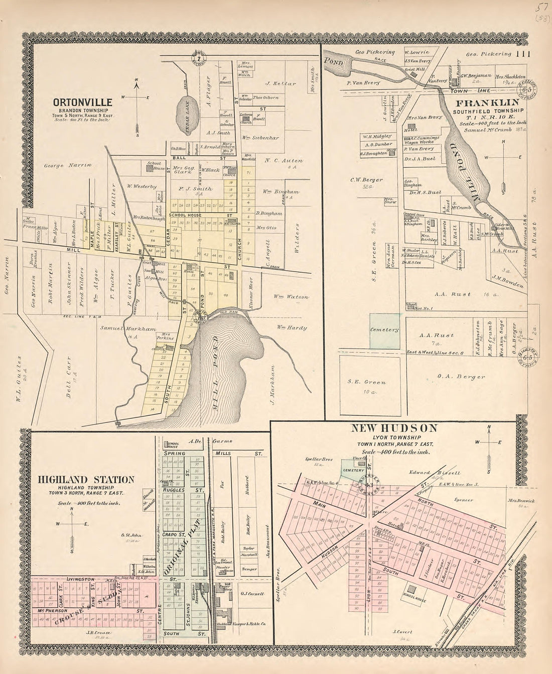 Ortonville; Franklin; Highland Station; New Hudson from Illustrated Atlas of Oakland County, Michigan : Compiled from Official Records and Local Inspections 1896 by Relic Map Company