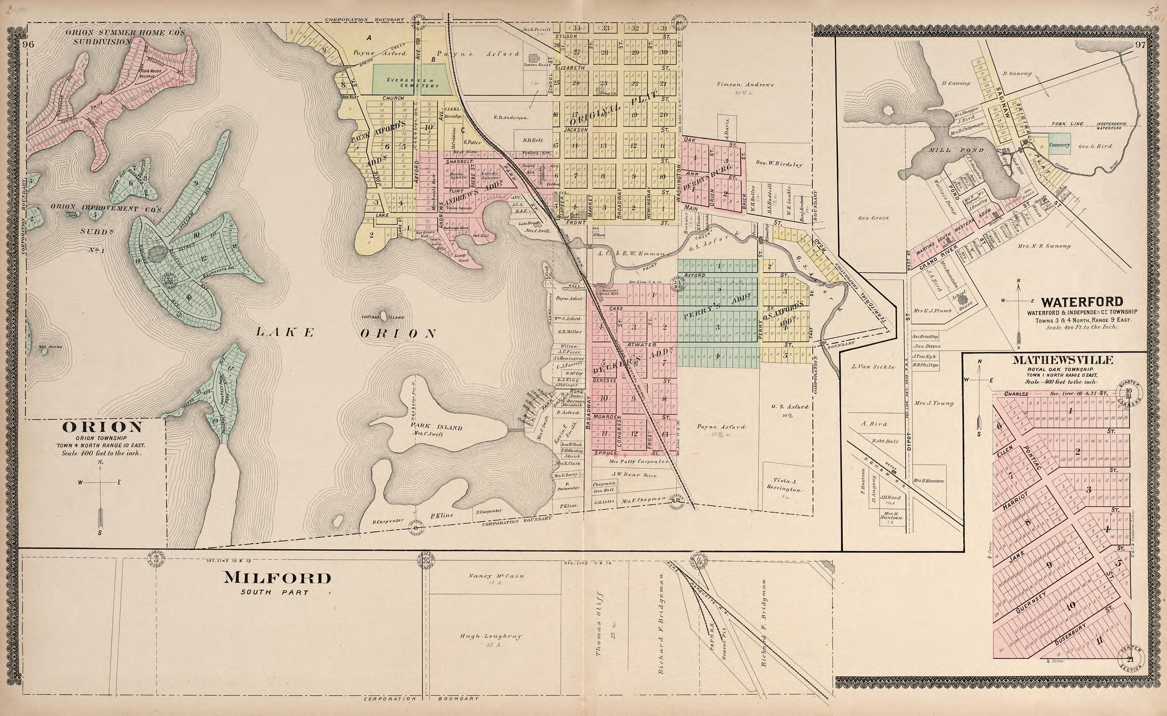 Orion; Milford; Waterford; Mathewsville from Illustrated Atlas of Oakland County, Michigan : Compiled from Official Records and Local Inspections 1896 by Relic Map Company