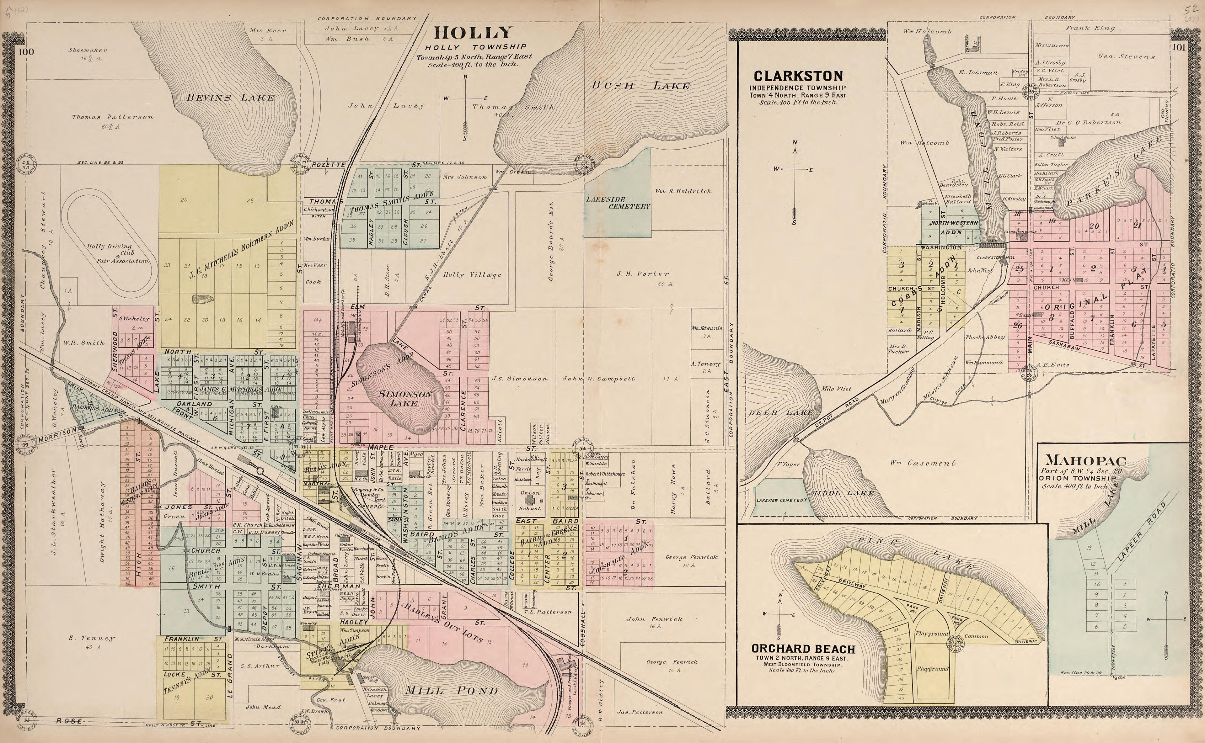 Holly; Clarkson; Mahopac; Orchard Beach from Illustrated Atlas of Oakland County, Michigan : Compiled from Official Records and Local Inspections 1896 by Relic Map Company