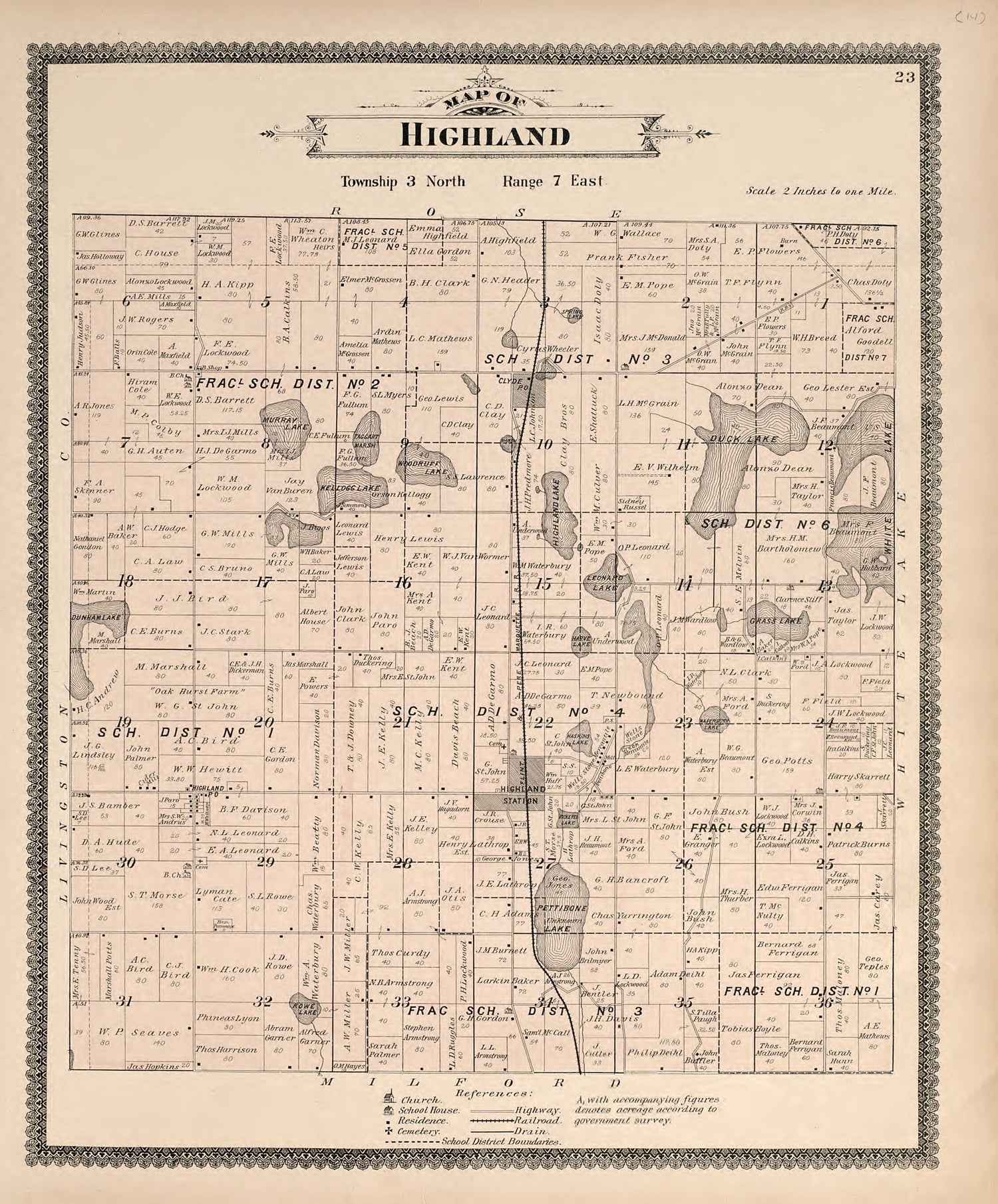 Map of Highland from Illustrated Atlas of Oakland County, Michigan : Compiled from Official Records and Local Inspections 1896 by Relic Map Company