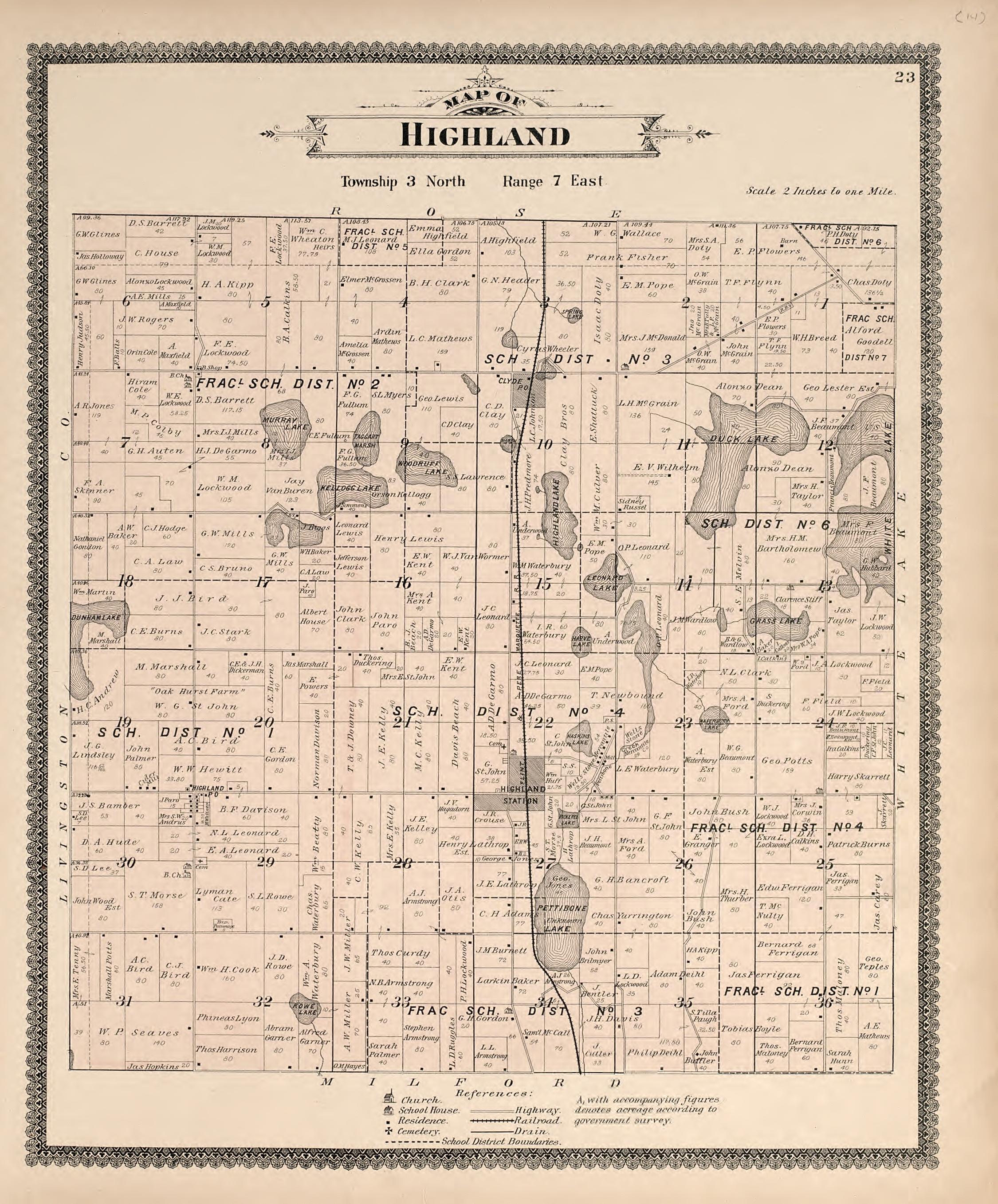 Map of Highland from Illustrated Atlas of Oakland County, Michigan : Compiled from Official Records and Local Inspections 1896 by Relic Map Company