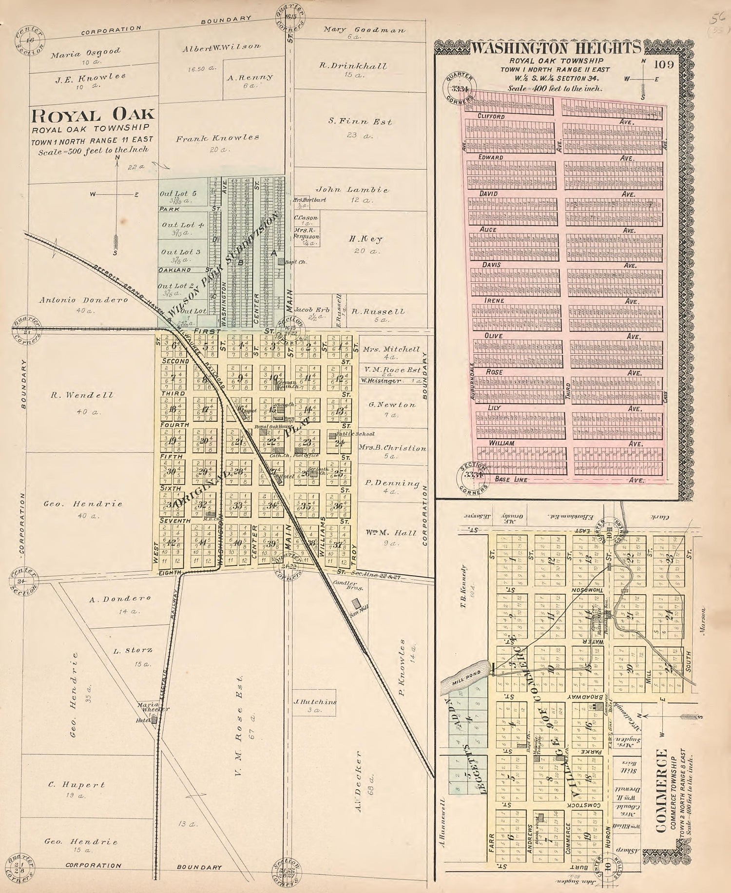 Royal Oak; Washington Heights; Commerce from Illustrated Atlas of Oakland County, Michigan : Compiled from Official Records and Local Inspections 1896 by Relic Map Company