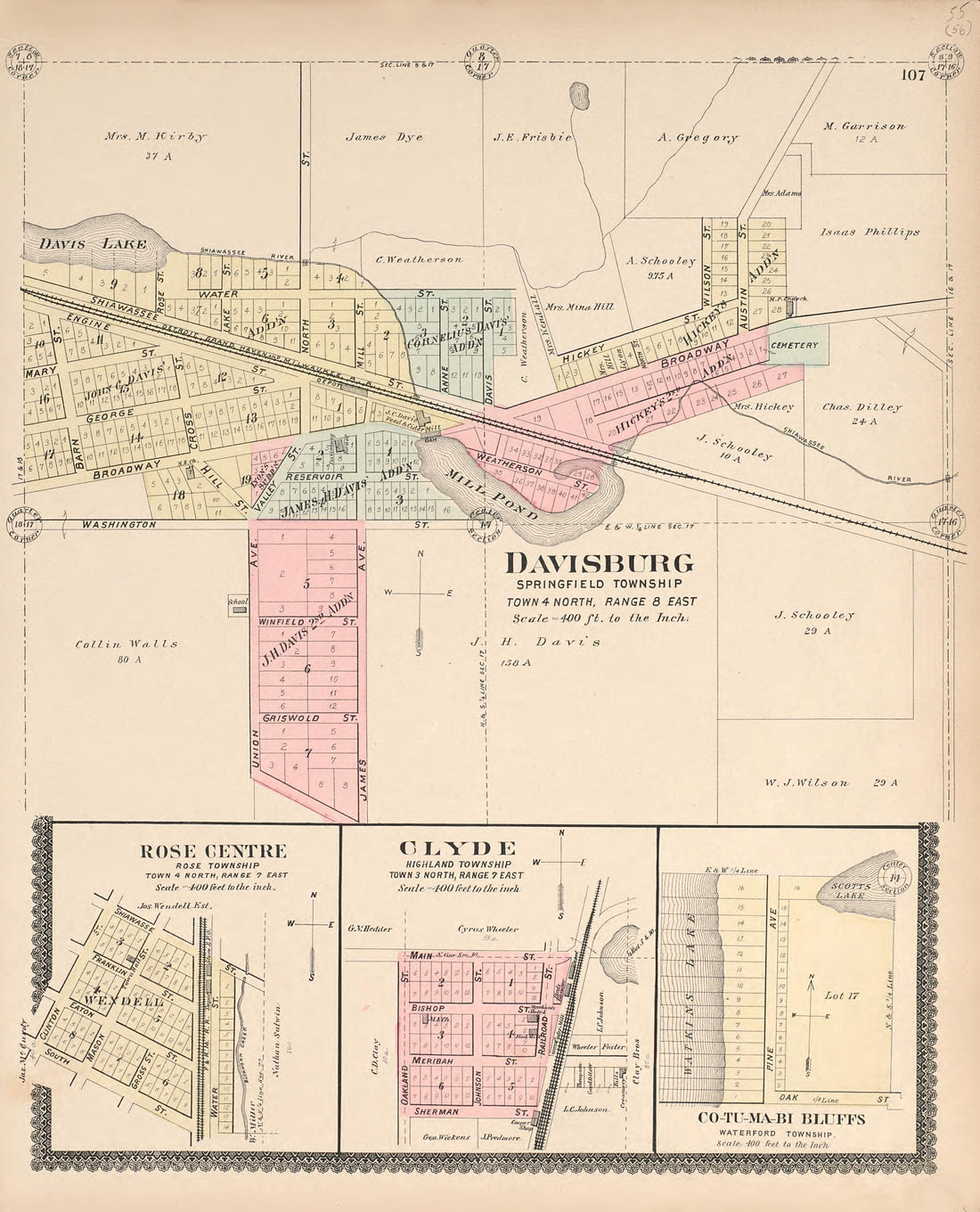 Davisburg; Rose Center; Clyde; Co-Tu-Ma-Bi Bluffs from Illustrated Atlas of Oakland County, Michigan : Compiled from Official Records and Local Inspections 1896 by Relic Map Company
