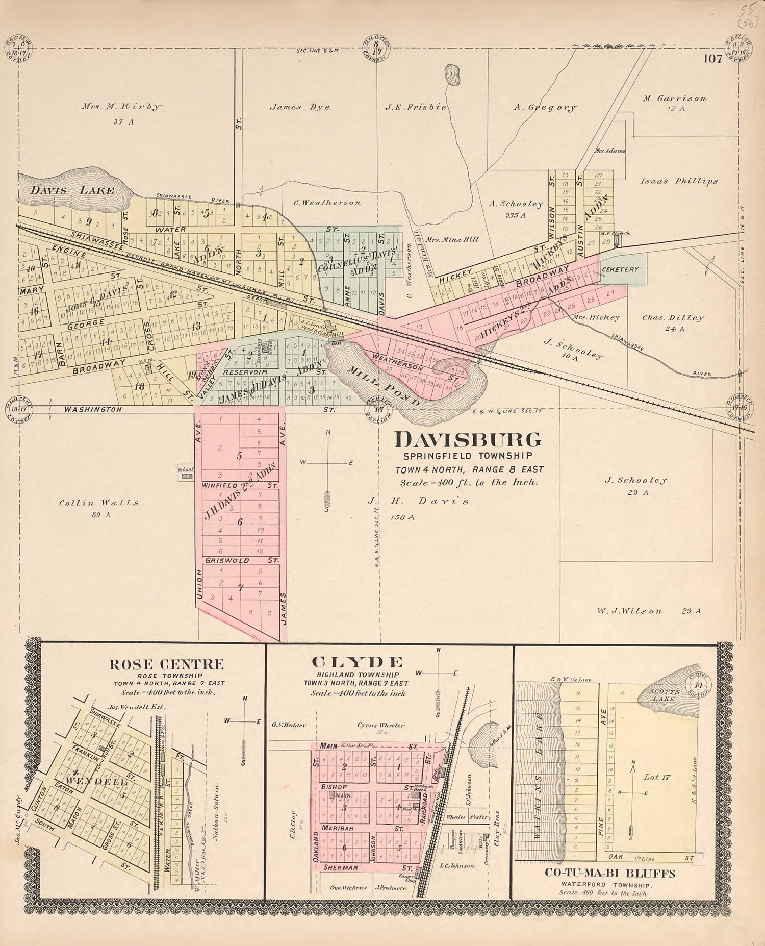 Davisburg; Rose Center; Clyde; Co-Tu-Ma-Bi Bluffs from Illustrated Atlas of Oakland County, Michigan : Compiled from Official Records and Local Inspections 1896 by Relic Map Company