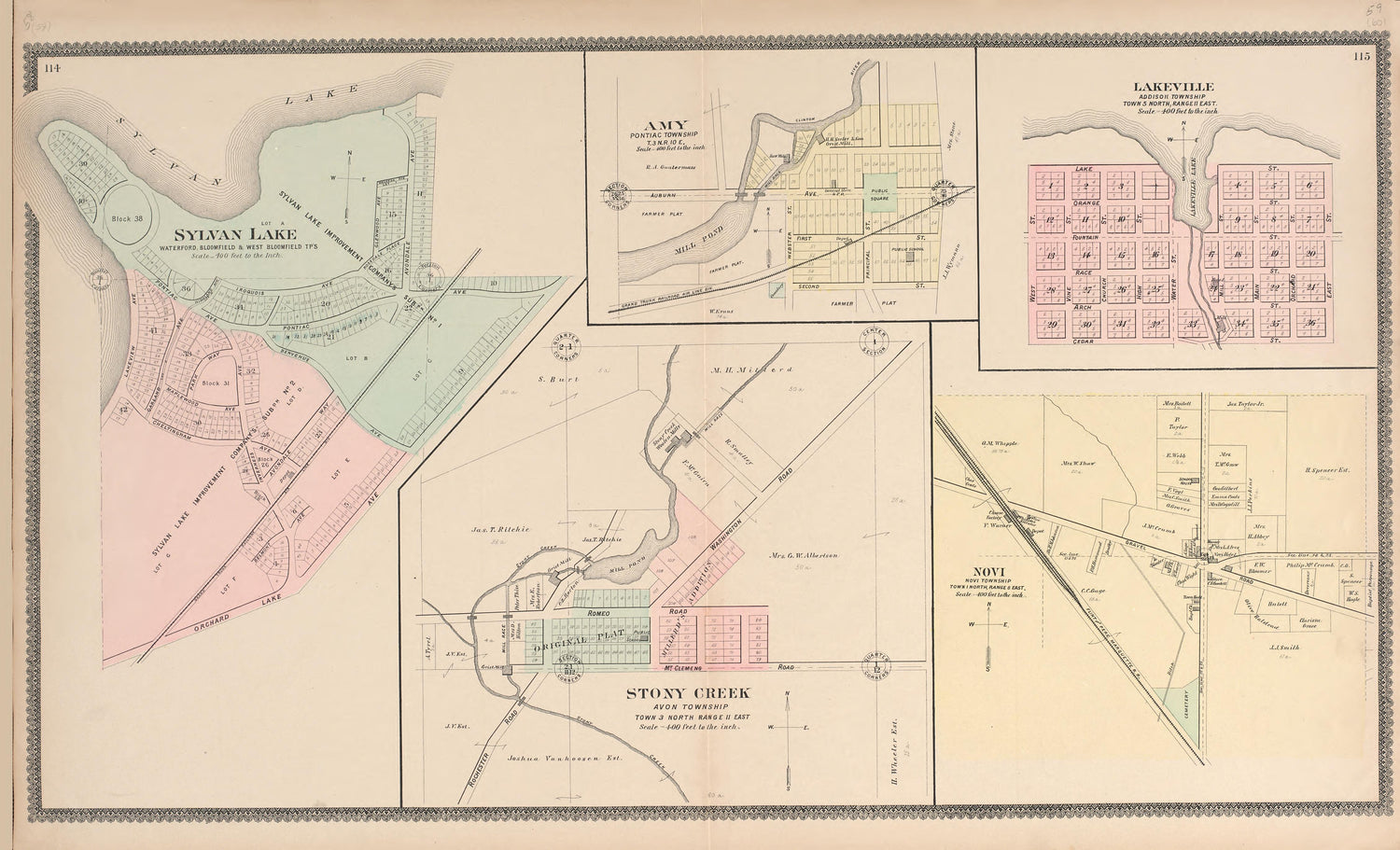 Sylvan Lake; Amy; Lakeville; Stony Creek; Novi from Illustrated Atlas of Oakland County, Michigan : Compiled from Official Records and Local Inspections 1896 by Relic Map Company